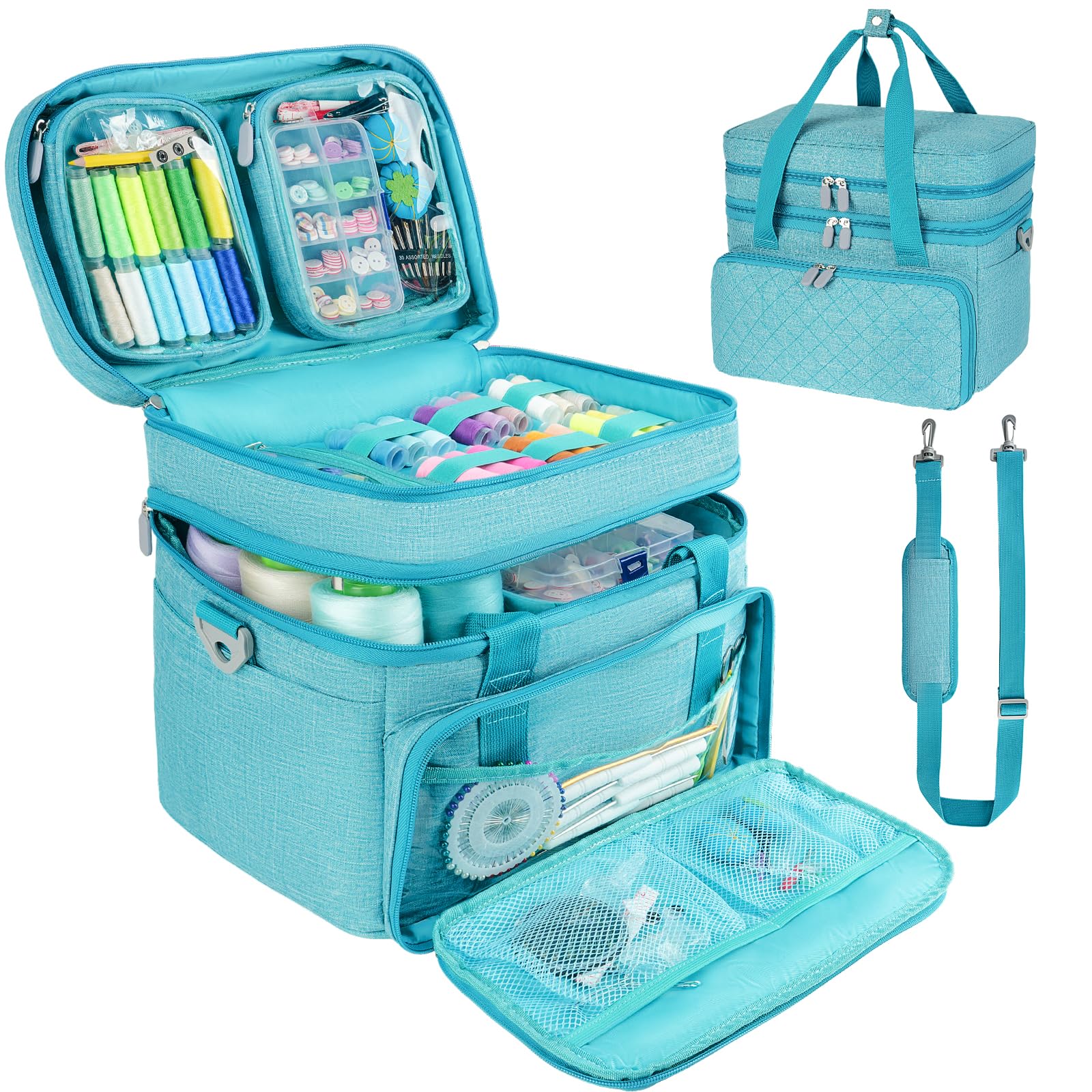 Trousse de Rangement pour Accessoires de Couture avec bandoulière, Sac de Rangement Double Couche avec 2 Pochettes Amovibles pour Accessoires et Fournitures de Couture, Bleu