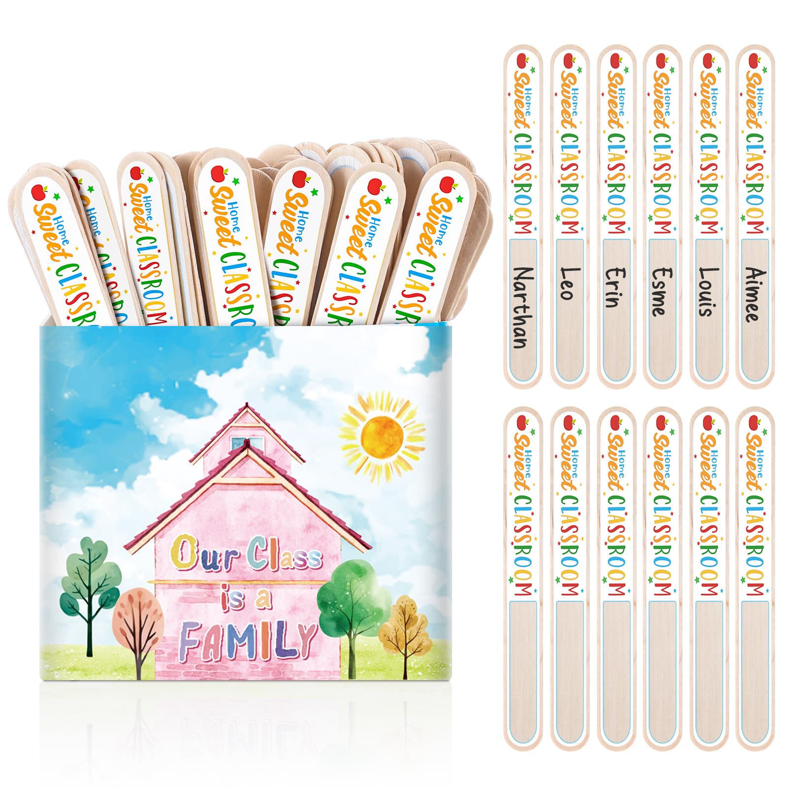 Motipuns 51 Pieces Our Class is a Family Wood Flip Name Sticks with Carton Talking Counting Flip Stick Teacher Student Grouping Tally Name Tags for Classroom Educational Learning Activities Supplies