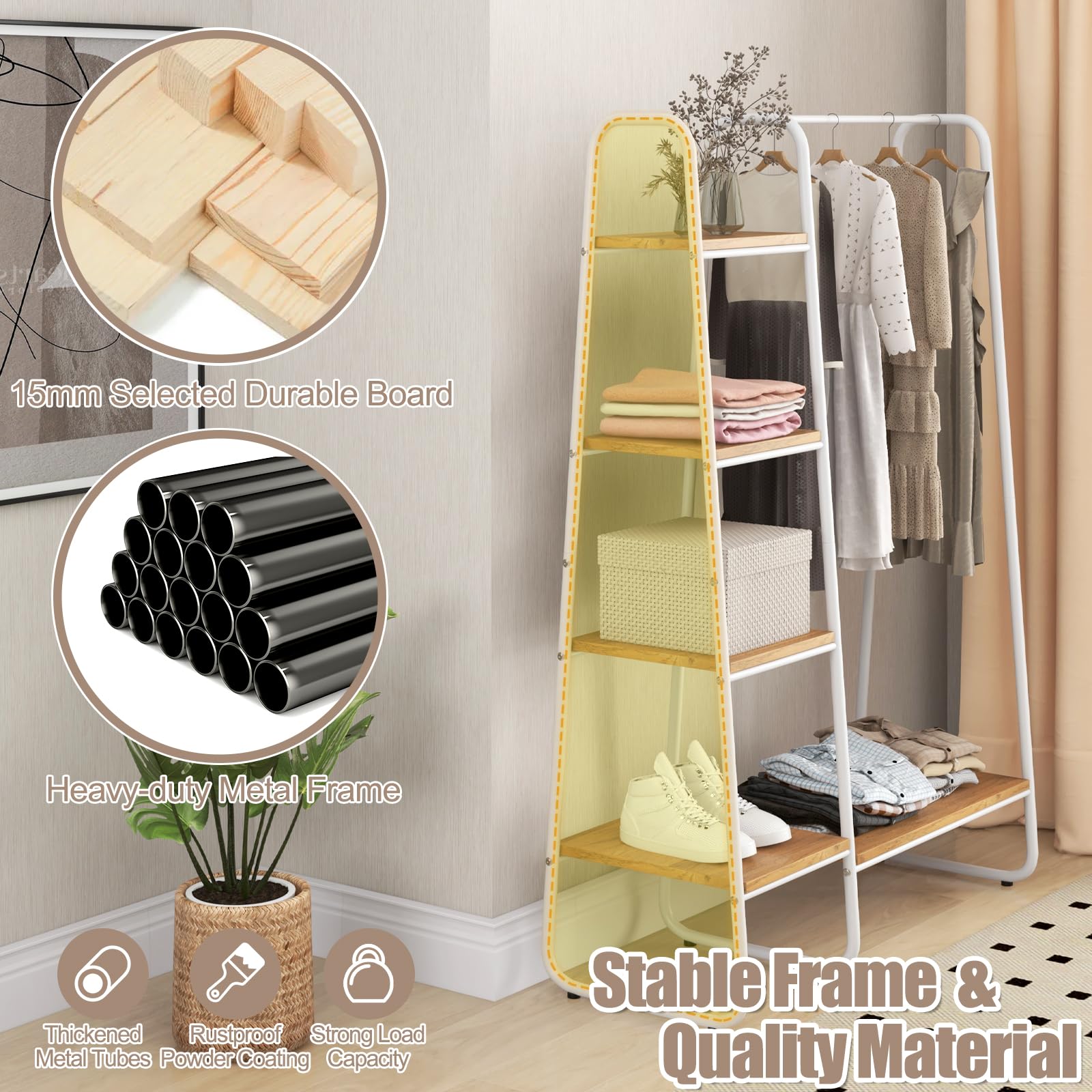 HOMASIS Perchero burro ropa de 5 niveles, Colgador de suelo con zapatero de madera, Estantes de almacenamiento para colgar Ropa, Perchero abierto con pies ajustables, 99,5x40x151cm (Natural + Blanco)