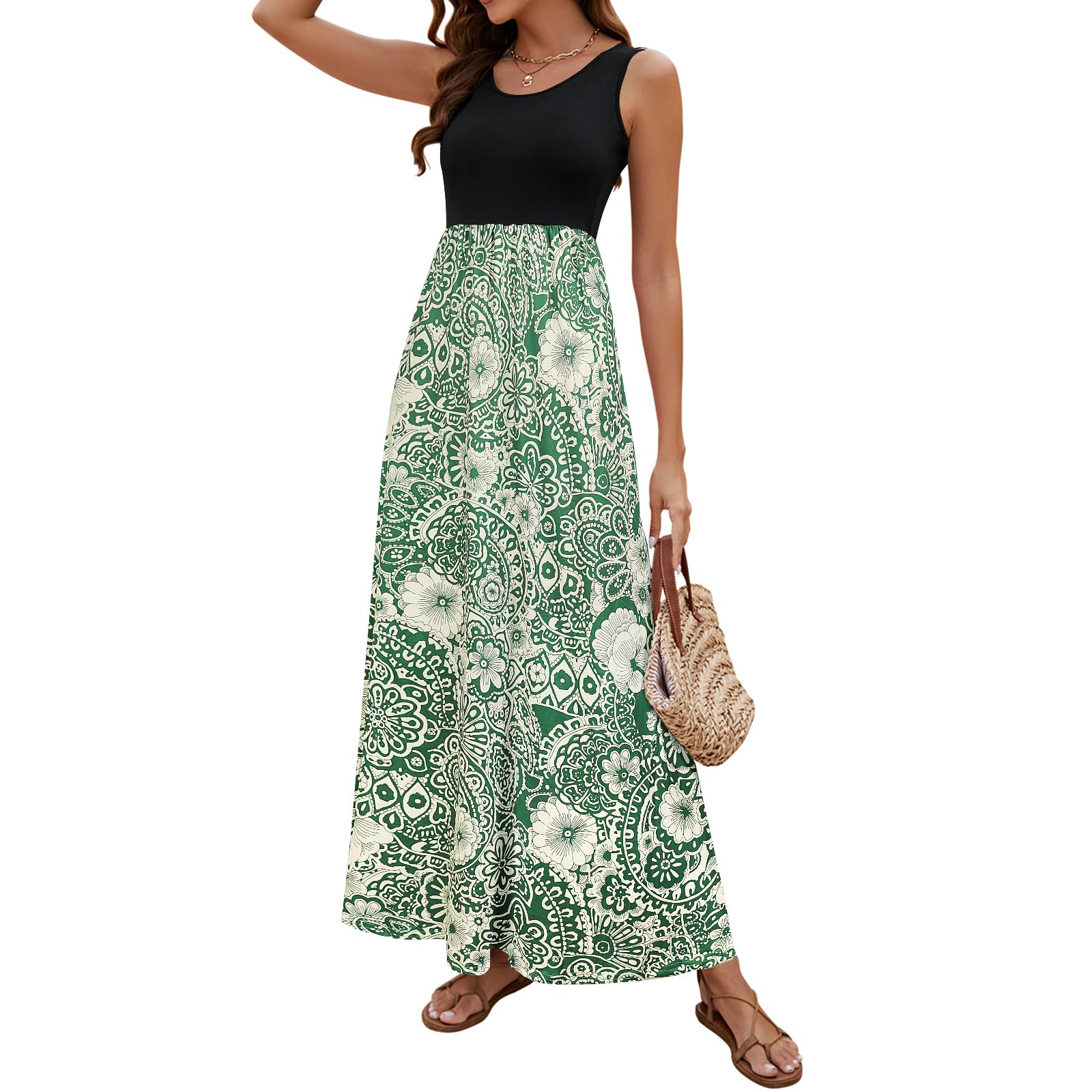 Sherosa Women Boho Chevron Striped Floral Printed Summer Sleeveless Tank Long Maxi Party Dress