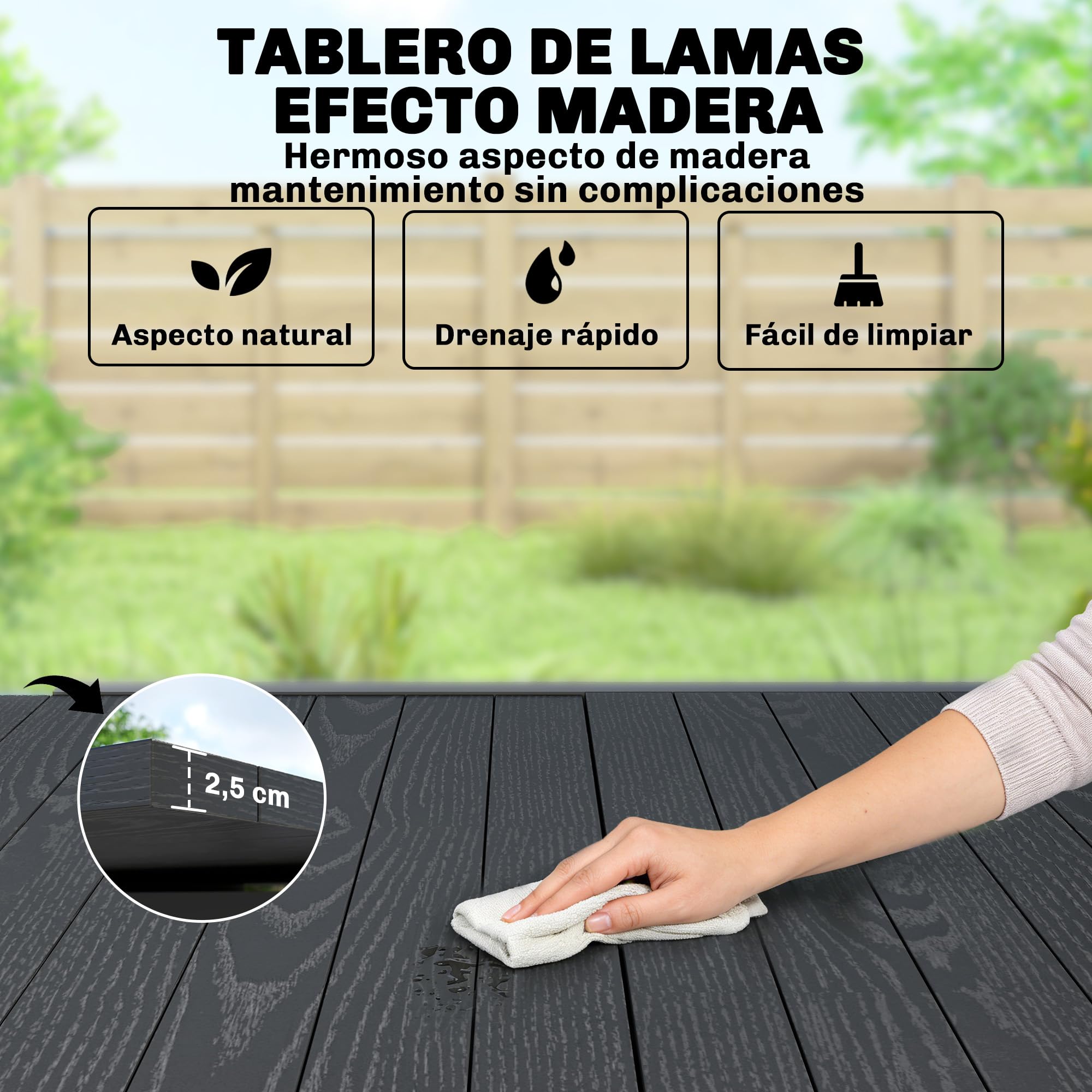 Outsunny Mesa de Jardín Extensible 80/160x80 cm Comedor Exterior Negro | Rectangular de Aluminio, Superficie de Lamas Efecto Madera, para 4-6 Personas, Patio, Terraza
