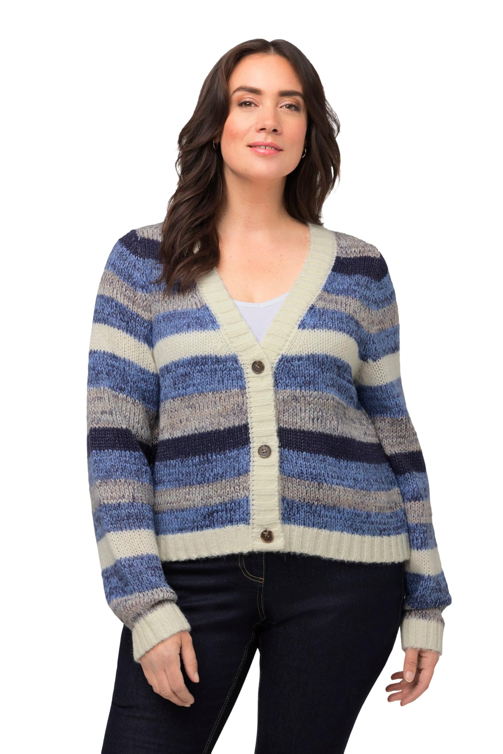 Ulla Popken Damen große Größen Übergrößen Plus Size Strickjacke, Streifen, kurz, V-Ausschnitt, Langarm 819943