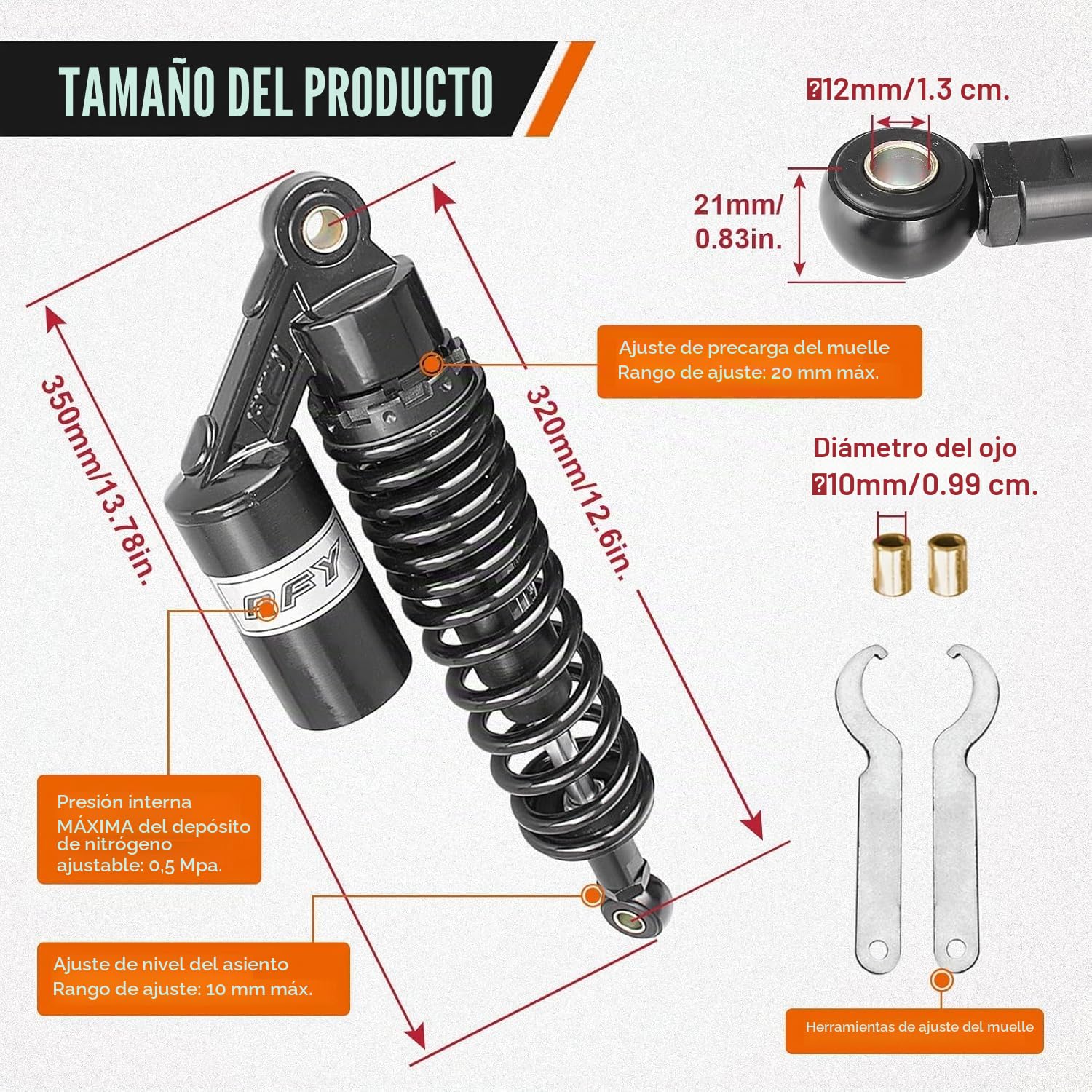320mm 12.5 pulgada 7mm primavera Amortiguador de aire universal para motocicleta, suspensión trasera, ATV, quad, scooter, bici de la suciedad para CBR600 CBR400 CB500 YZF Negro