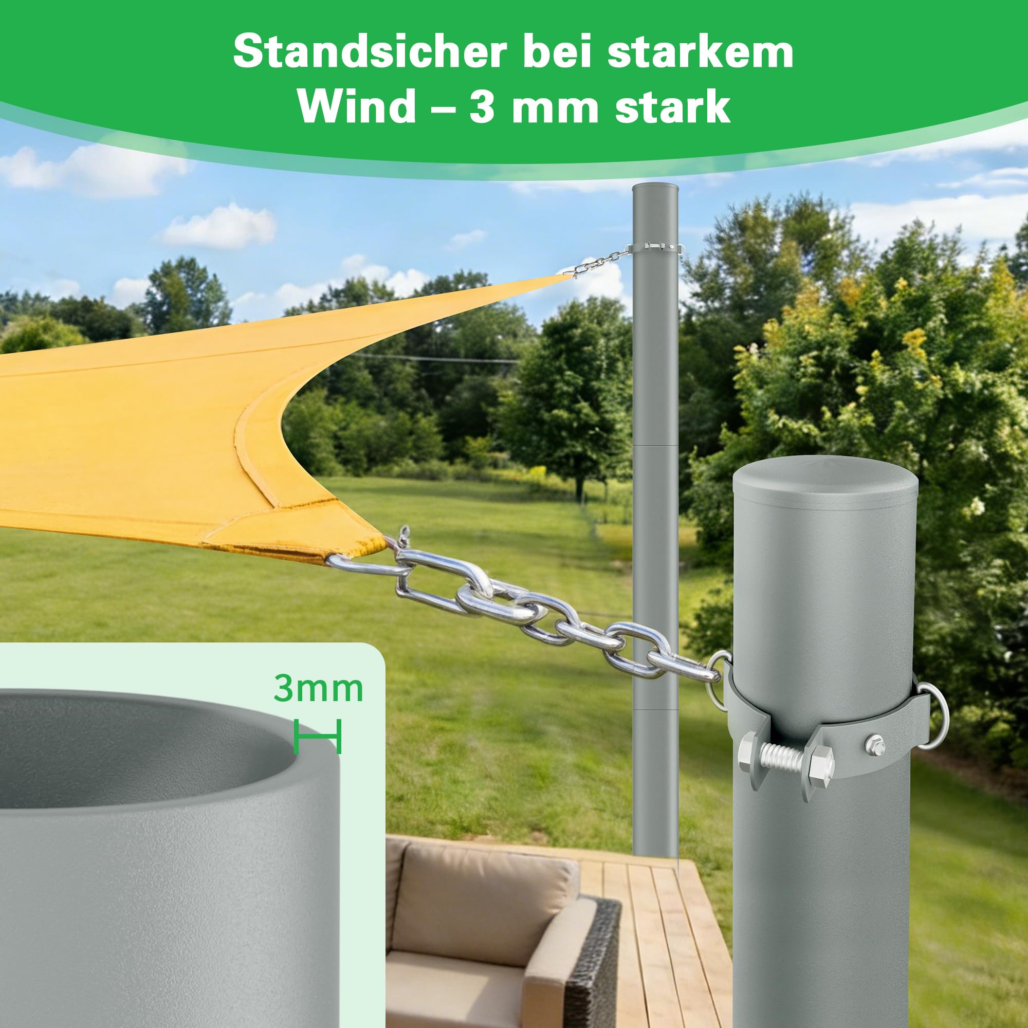 3,6M Sonnensegelmast Höhenverstellbar ⌀60mm, 2er Pack inkl. D-Ring. | für Terrasse, Garten, Pool, Sonnensegelpfosten ⌀60x3mm, rostfrei, wetterfest, verst. Stahlrohr, schnell montiert