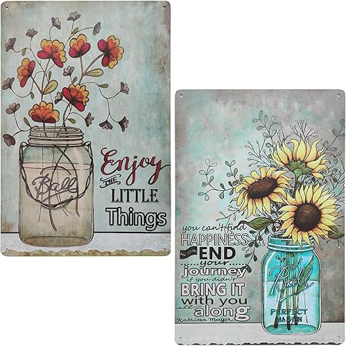 TISOSO Letrero de metal con dos botellas de vidrio, girasoles florales, amapolas, decoración de pared para sala de estar, arte vintage, cafetería,