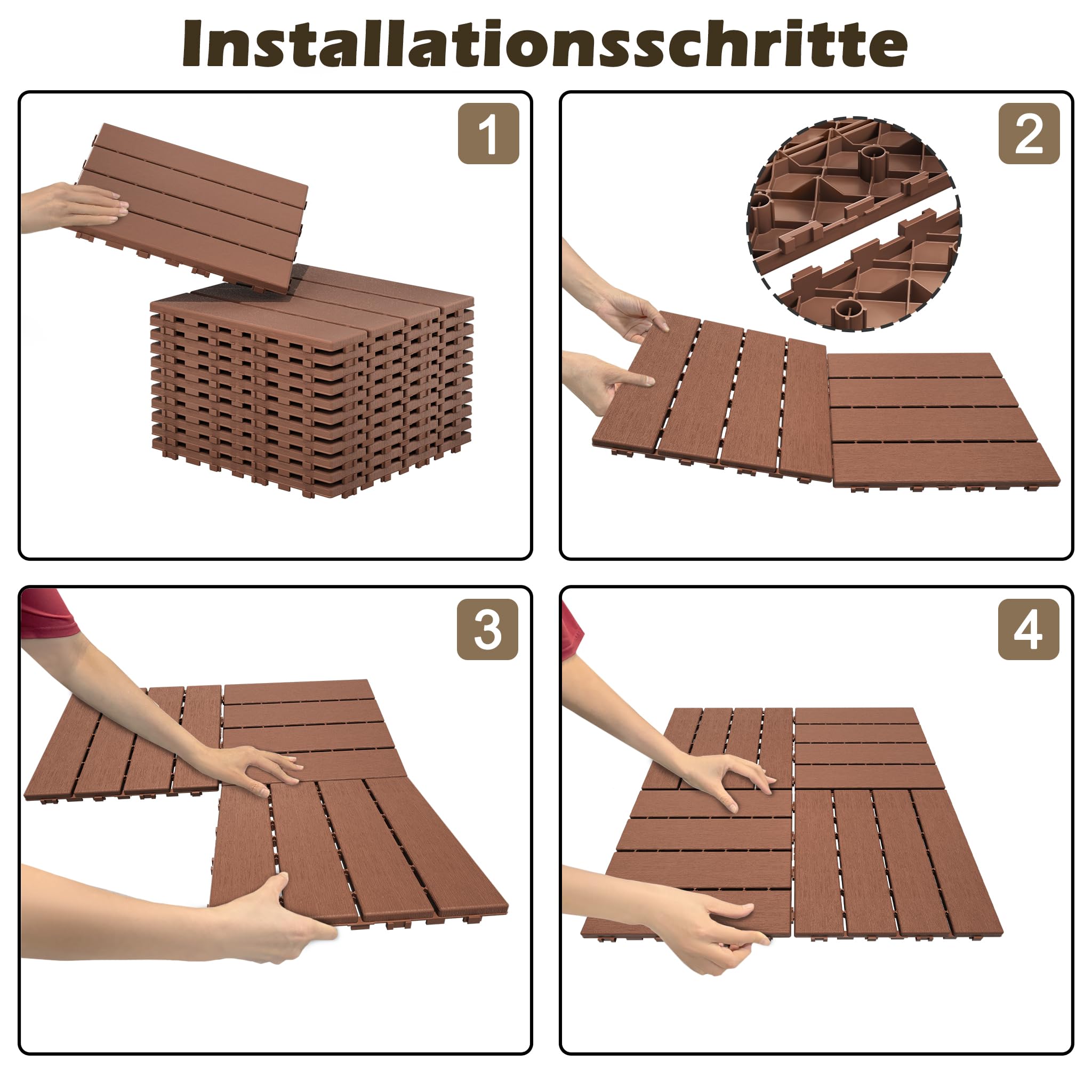 LZQ Lot de 22 dalles de terrasse en plastique polyéthylène - 30 x 30 cm = 2 m² - Aspect bois - Revêtement de sol pour balcon et jardin - Plaques résistantes aux intempéries avec fonction de drainage -