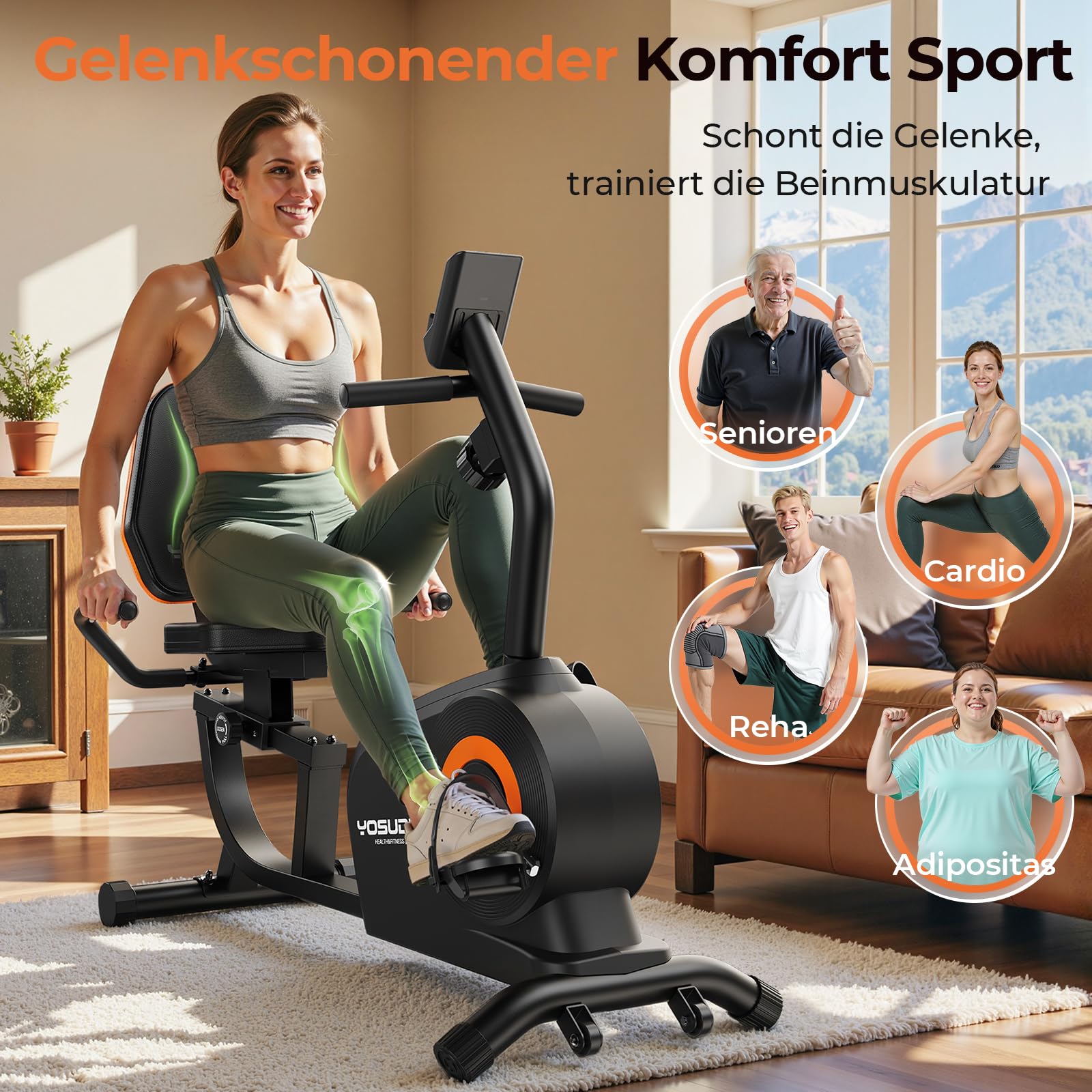 YOSUDA Liegeergometer Testsieger, 16 Widerstufen, Magnetbremse, Leise Liegerad Heimtrainer, verstellbarer Sitz, einfache Montage, LCD-Display und Pulssensoren, 160kg, Heimtrainer Fahrrad für Zuhause