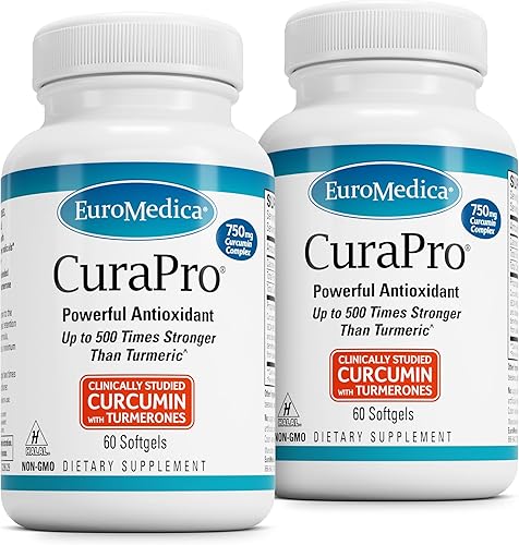 Euromedica CuraPro 375mg - 60 cápsulas blandas - Suplemento de curcumina de cúrcuma de alta potencia - Soporte hepático, cerebro e inmunológico