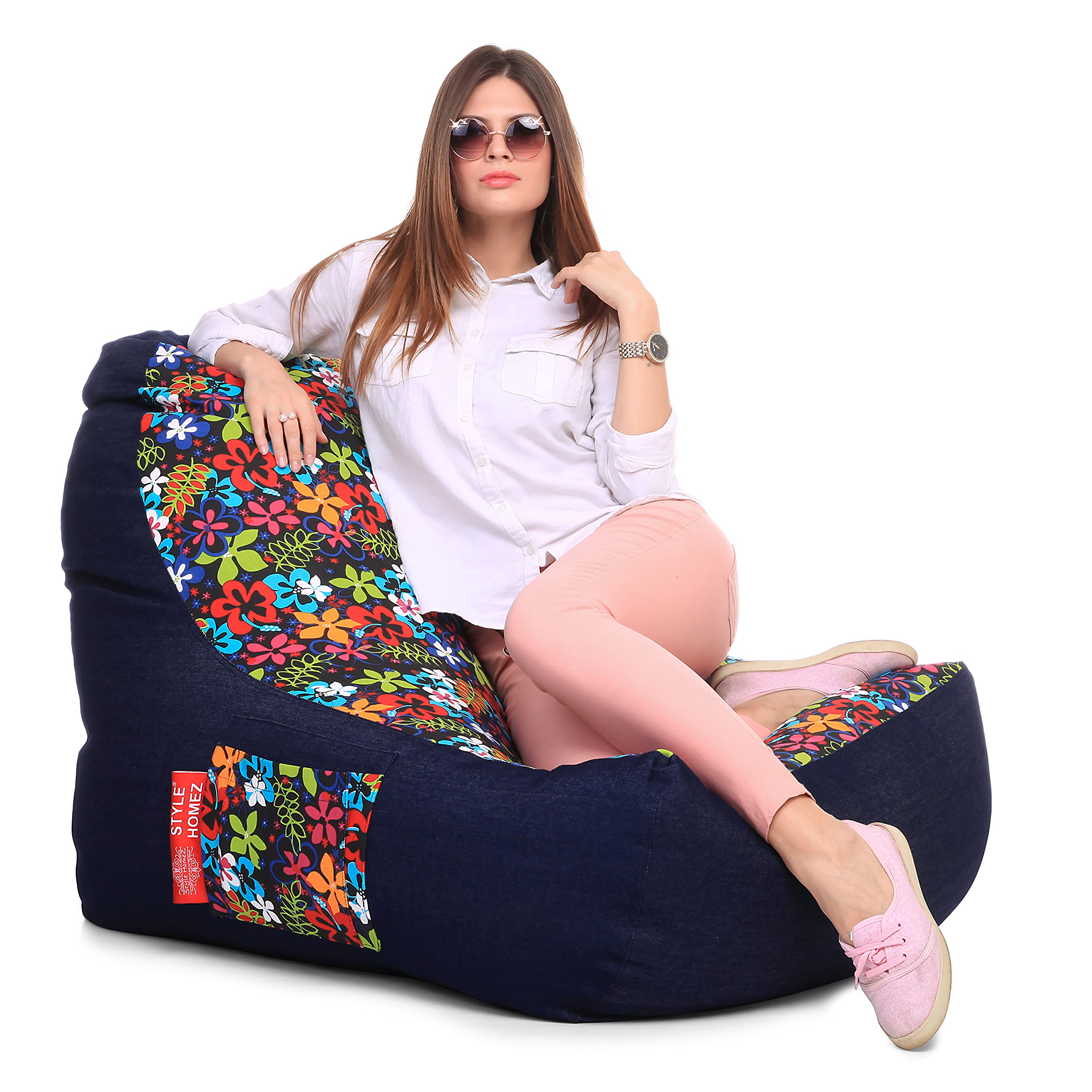 Style Homez Urban Design Denim Canvas Floral Printed Chair Bean Bag XXL Size Cover Only (Without Beans,Multicolour)-picture-11
