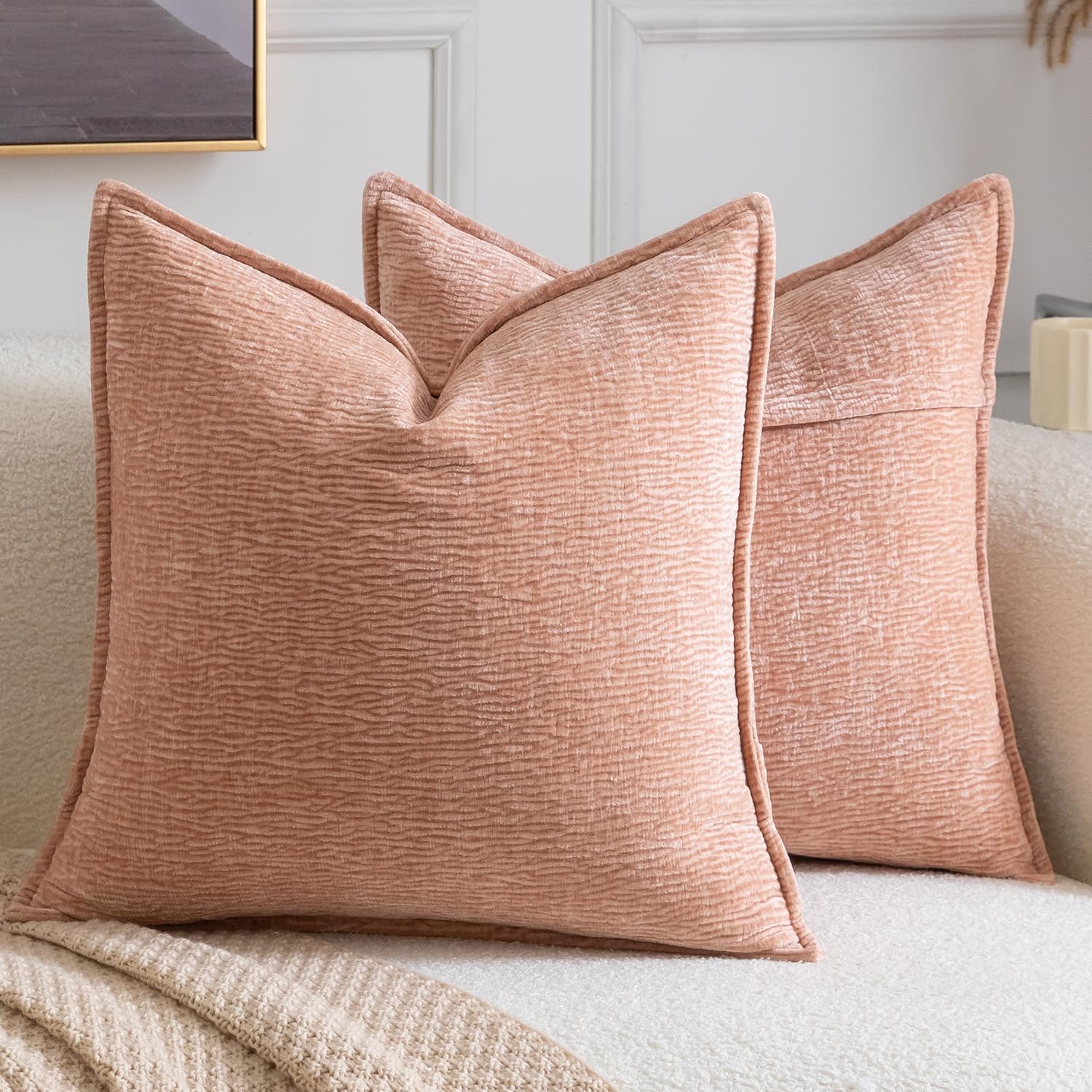 Madizz Pack of 2 Decorative Cushion Covers Soft Chenille Throw Pillows Solid Textured Throw Pillow Covers for Couch Sofa Bedroom Living Room 50x50 CM, Peach โ image 1