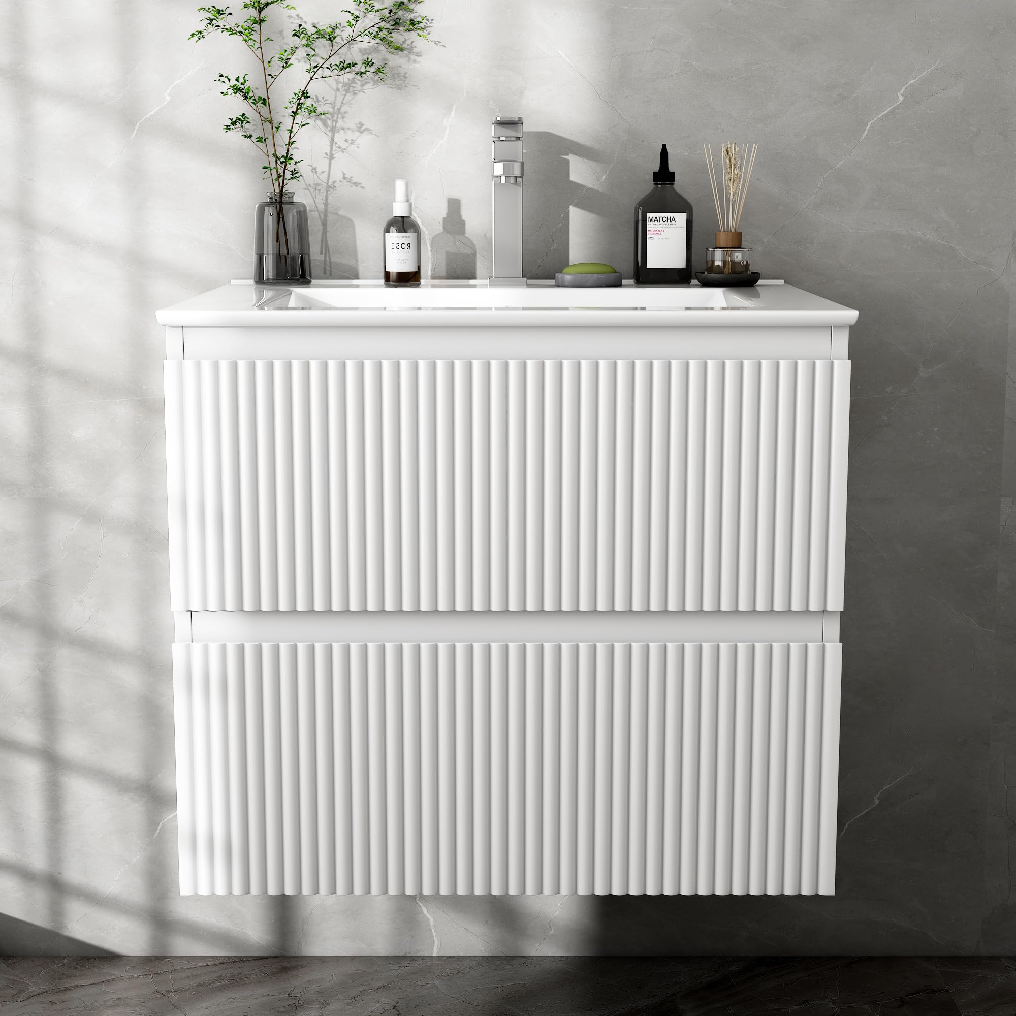 Mueble de Baño Suspendido 60 cm con Lavabo de Cerámica y 2 Cajones Profundos | Panel con Acabado Estriado Vertical, MDF E1 Antihúmedo, Blanco