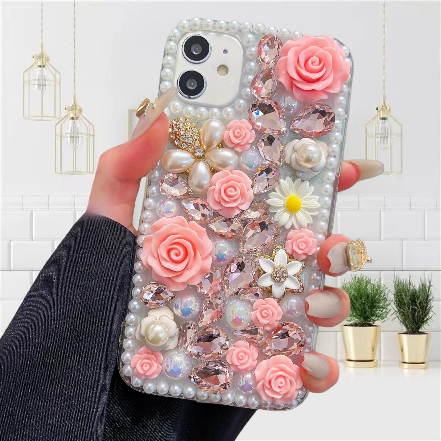 redecarie for iPhone 13 Bling Glitter Diamond Case,Women Girls Luxury Crystal Rhinestone Shiny Flowers Pearl Protective Cover Case for iPhone 13 6.1