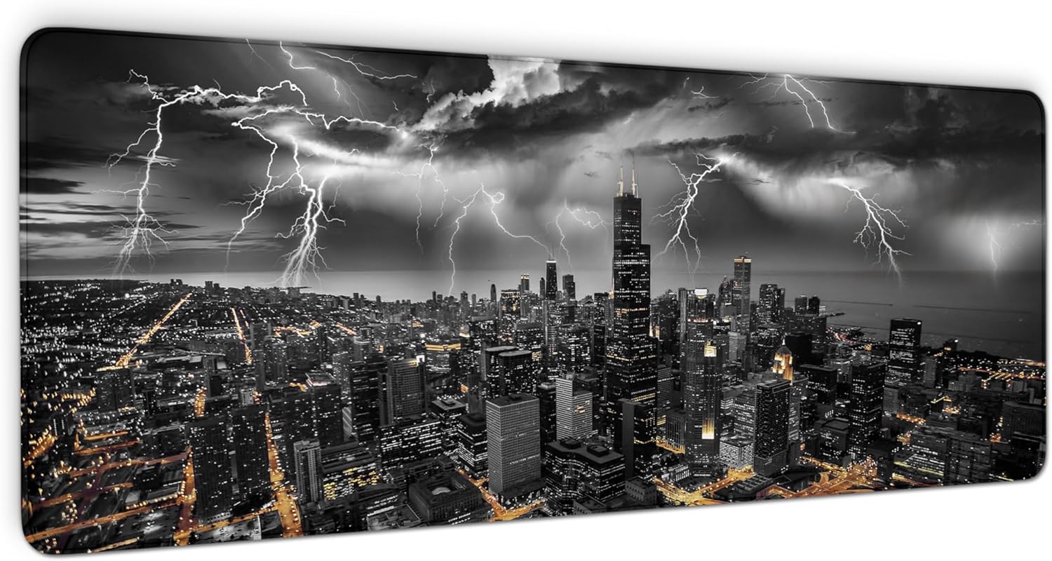 Chicago Desk Mat, Lightning Mouse Pad, Chicago Skyline Waterproof Mousepad, Black and White City Keyboard Mat, Stitched Edges and Non-Slip Base, Desk Pad for Office & Home, 31.5 X 11.8 Inch, 3mm Thick