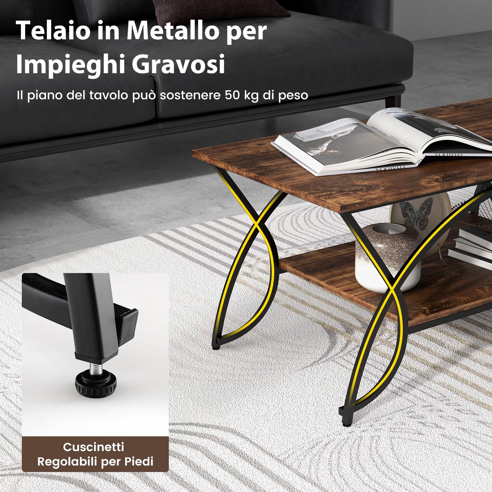 COSTWAY Tavolino da Caffè da Salotto, Tavolino Rettangolare a 2 Livelli con Struttura in Metallo, Tavolino Elegante e Moderno per Studio, Ufficio e Soggiorno, 100 x 50 x 45 cm (marrone e nero)