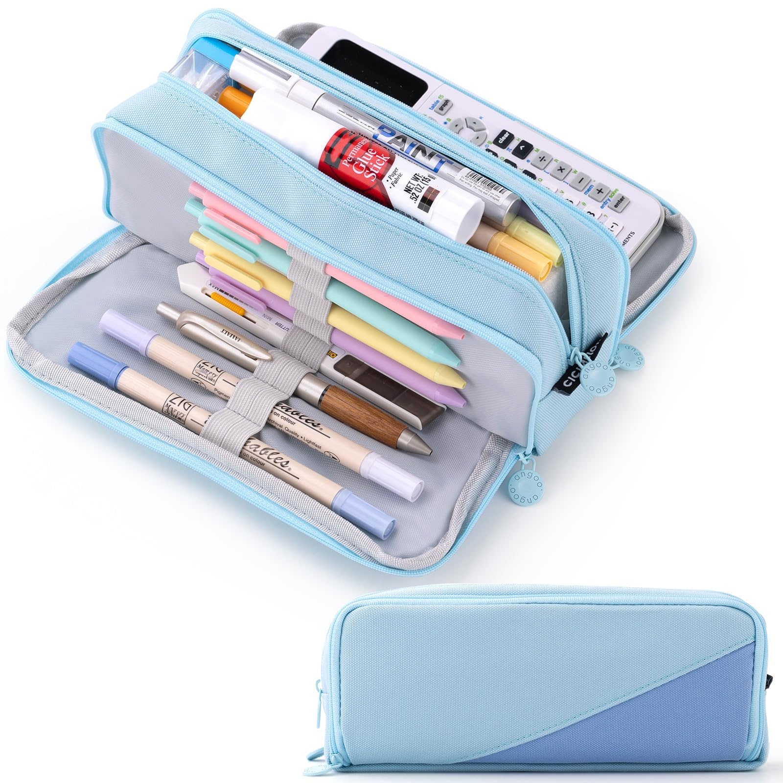 CICIMELON Big Capacity Pencil Case 3 Compartments Pen Pouch Bag Multifunctional Organizer for School Office, Haze Blue
