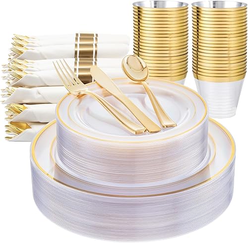 WELLIFE 350 platos de plástico dorado transparente, 100 platos desechables, 150 cubiertos de plástico, 50 tazas, 50 servilletas para bodas y fiestas