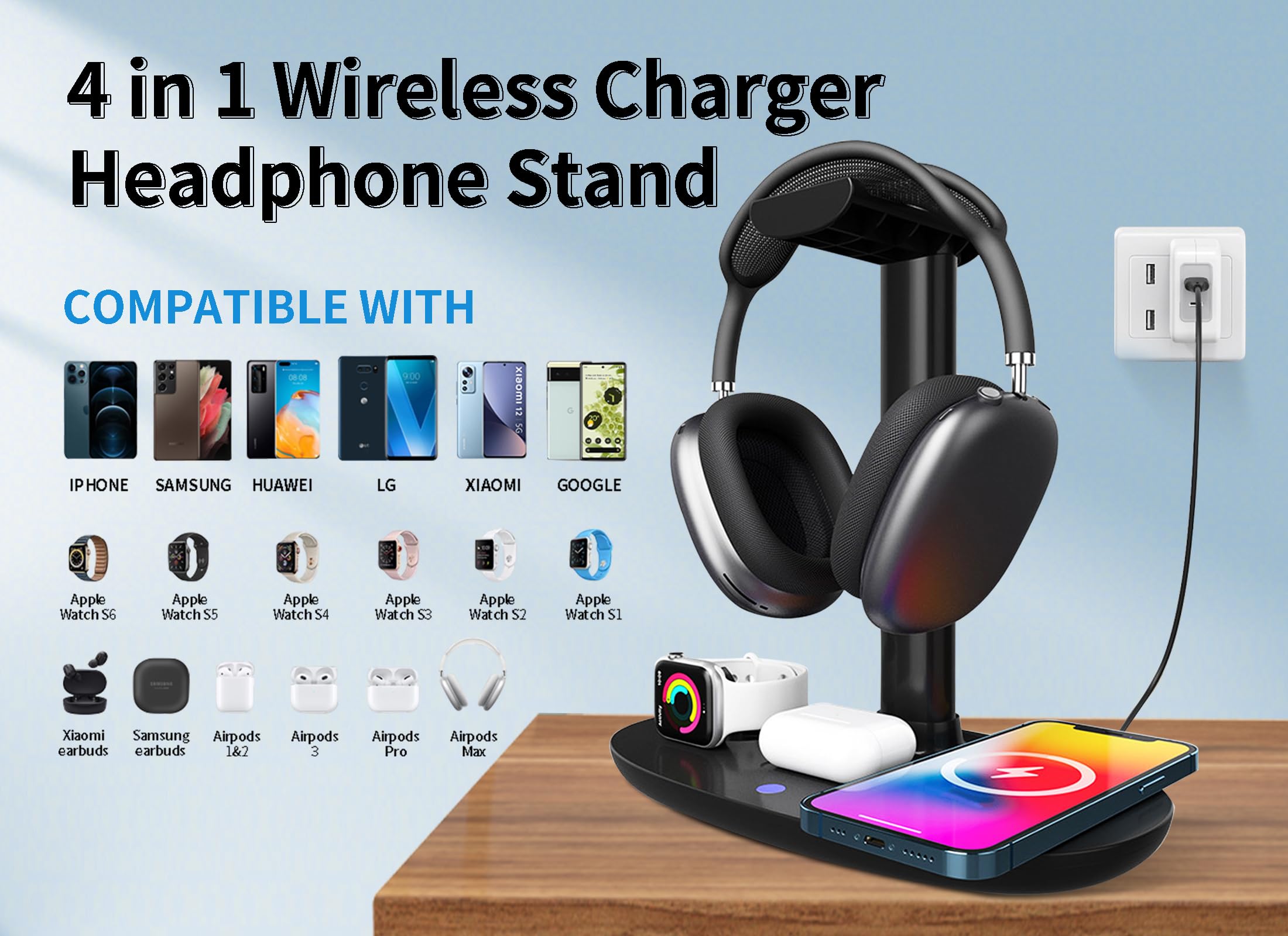 4 in 1 Headphone Stand with 15w Charger, Qi Charging Station Headset Holder, Detachable Design, Headphone Stand for Travel, Home, Hotel