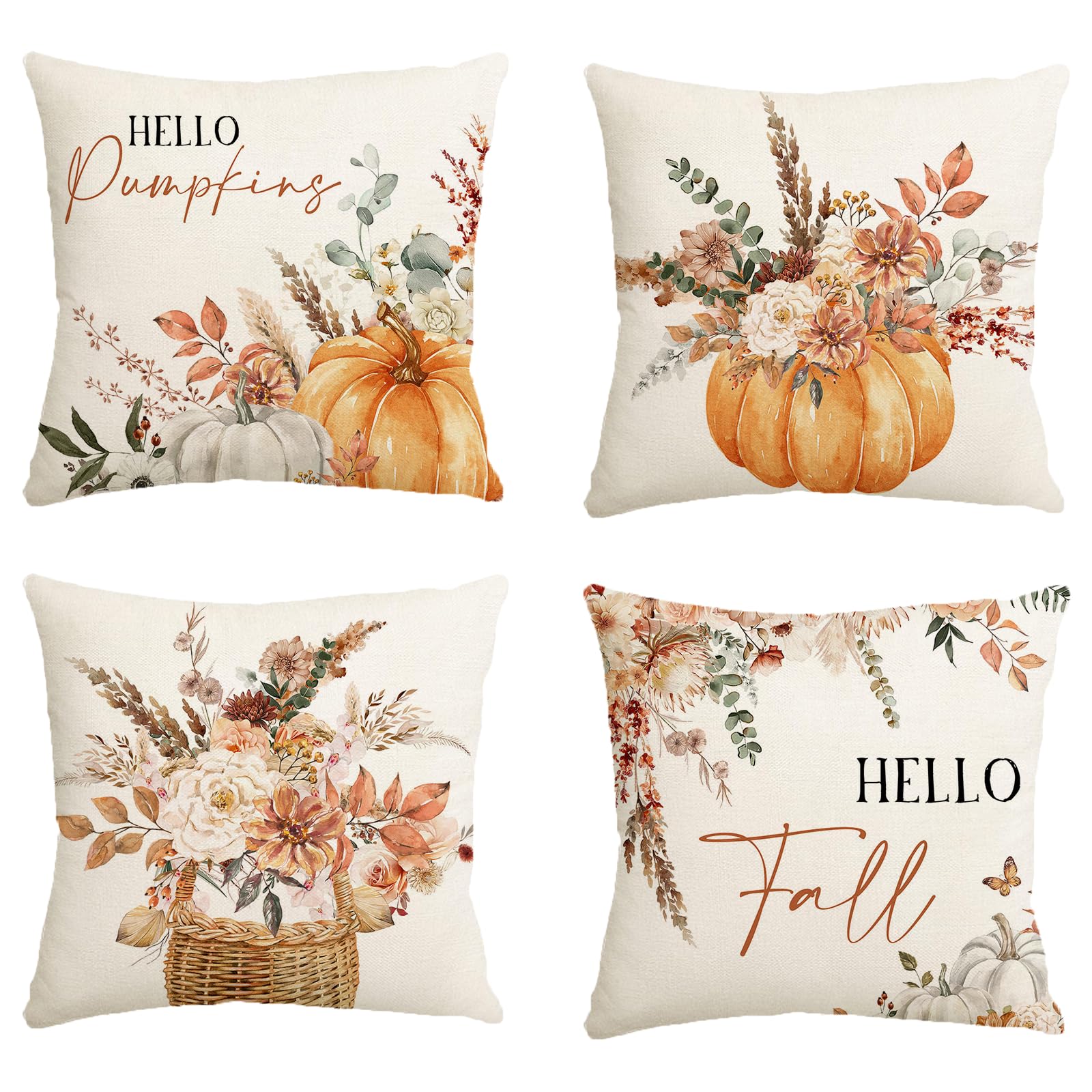 Avezano Set Di 4 Federe Per Cuscino 45x45 Cm Con Stampe Autunnali Di Zucca - Decorazione Divano E Letto