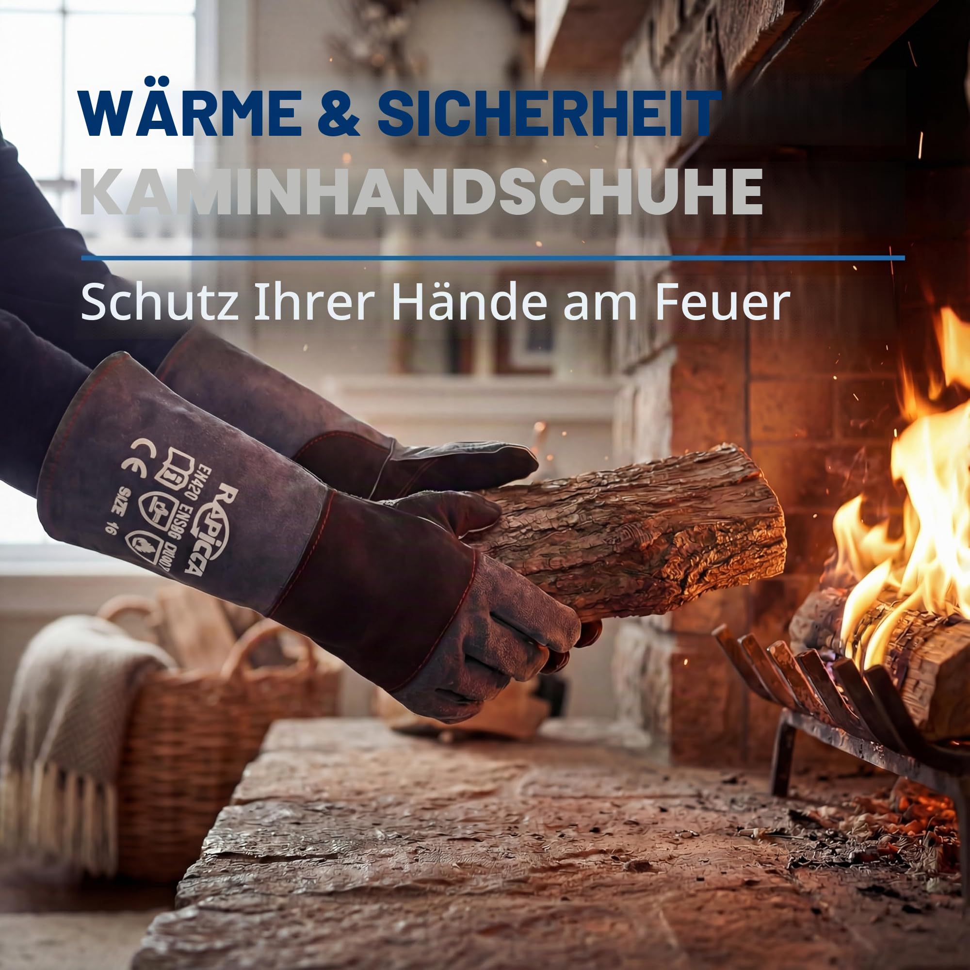 RAPICCA Schweißhandschuhe aus hitze- und feuerfestem Leder für Stick, Mig, Tig, Schmiede, Grill, Grill, Kamin, Holzofen, Ofen, Ofen, Topf Schwarz-Grau 40.6cm