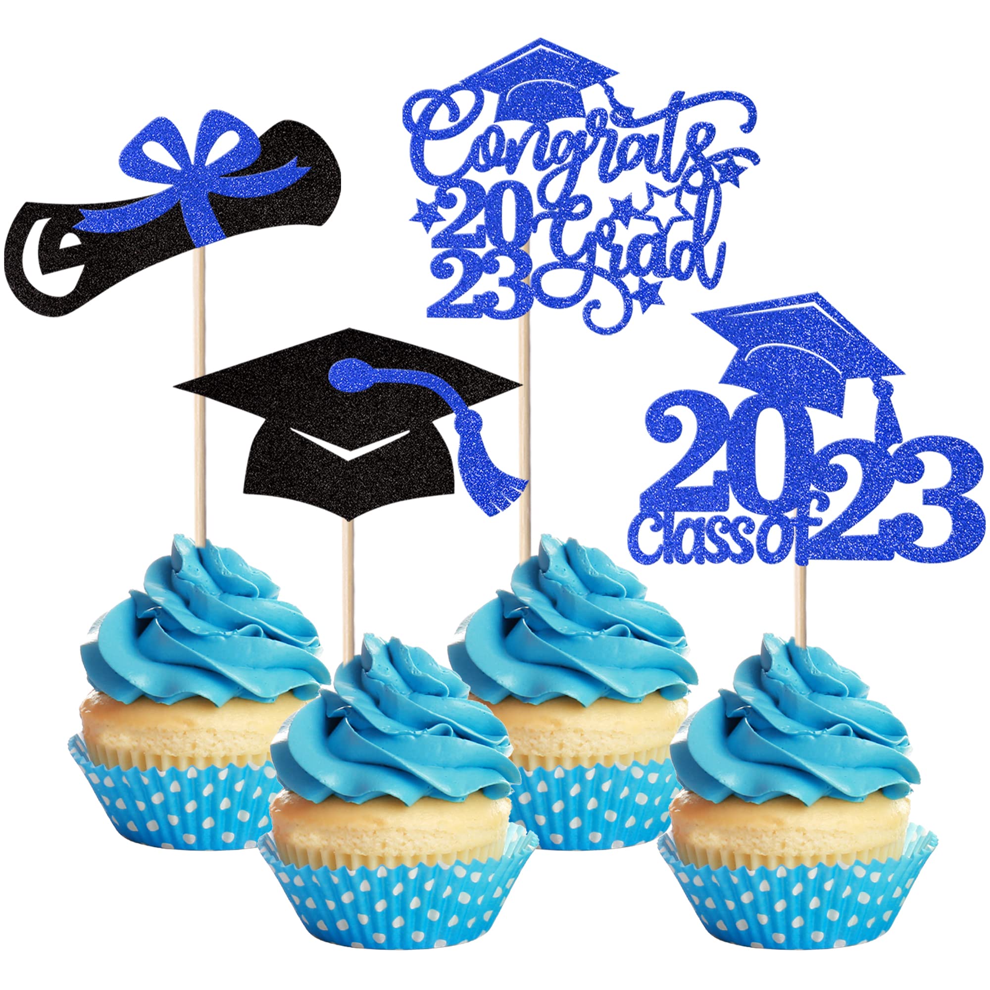 36 Stück Abschluss-Cupcake-Topper 2023 Mit Glitzer – Für Kuchen-Deko (Diplom, Grad-Kappe), Rosa/schwarz