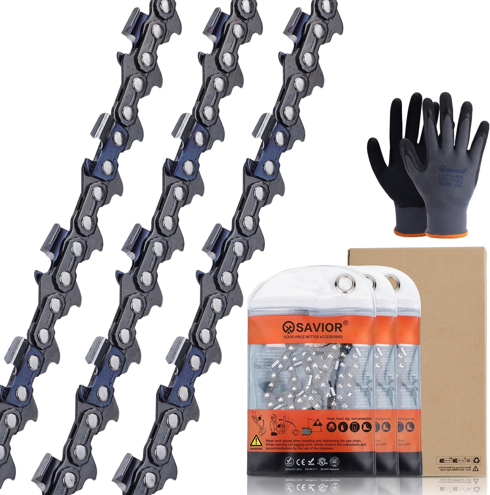 Savior 3Pack 20 Inch Chainsaw Chain 3/8" Pitch .050" Gauge 70 Drive Links Fits Poulan Pro PR5020 PP5020AV Echo CS-590 CS-600 Homelite McCulloch Replacement 72LPX70CQ, 577180501 D70 E70 Chain Saw Chain