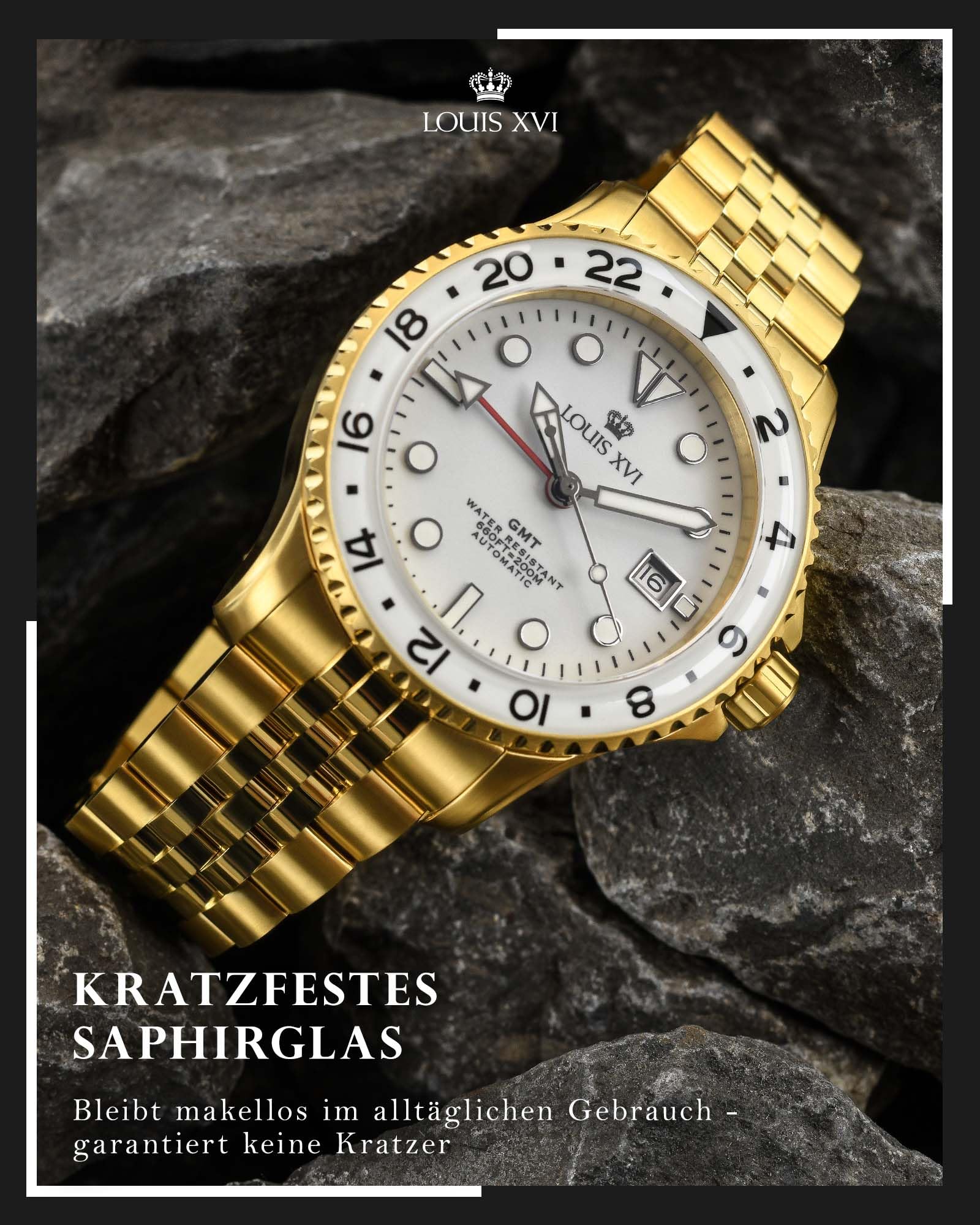 LOUIS XVI Mirabeau GMT 1431 - Ø 41 mm - Herren Uhr - Wasserdicht - Uhr mit Saphirglas - Armband Gold - Zifferblatt Weiss - Automatikuhr