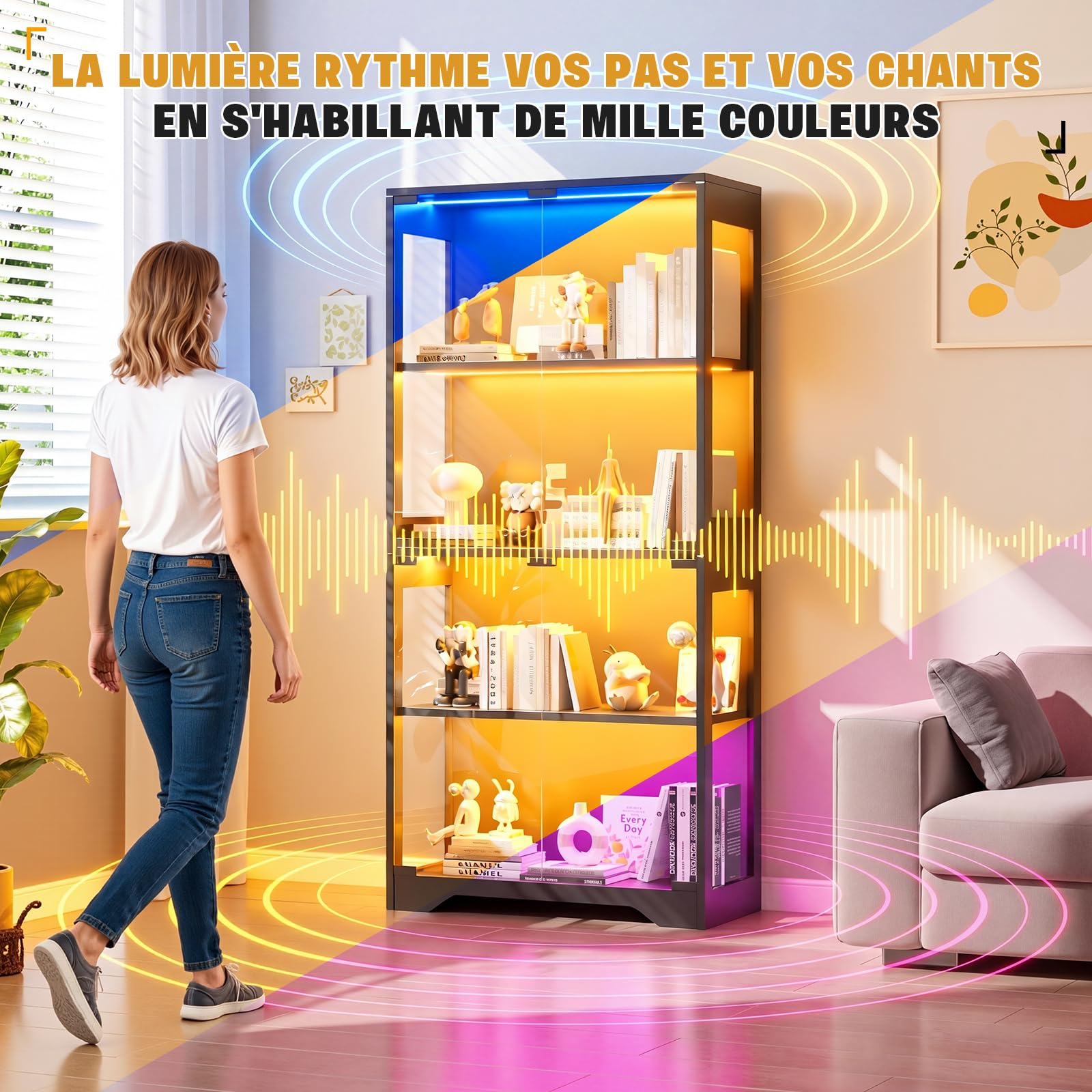 JUMMICO Vitrine en Verre LED Multicolore, Effets Lumineux Dynamiques, Vitrine Salon pour Collections avec 4 Niveaux, 80 x 35 x 165,5(H) cm Noire