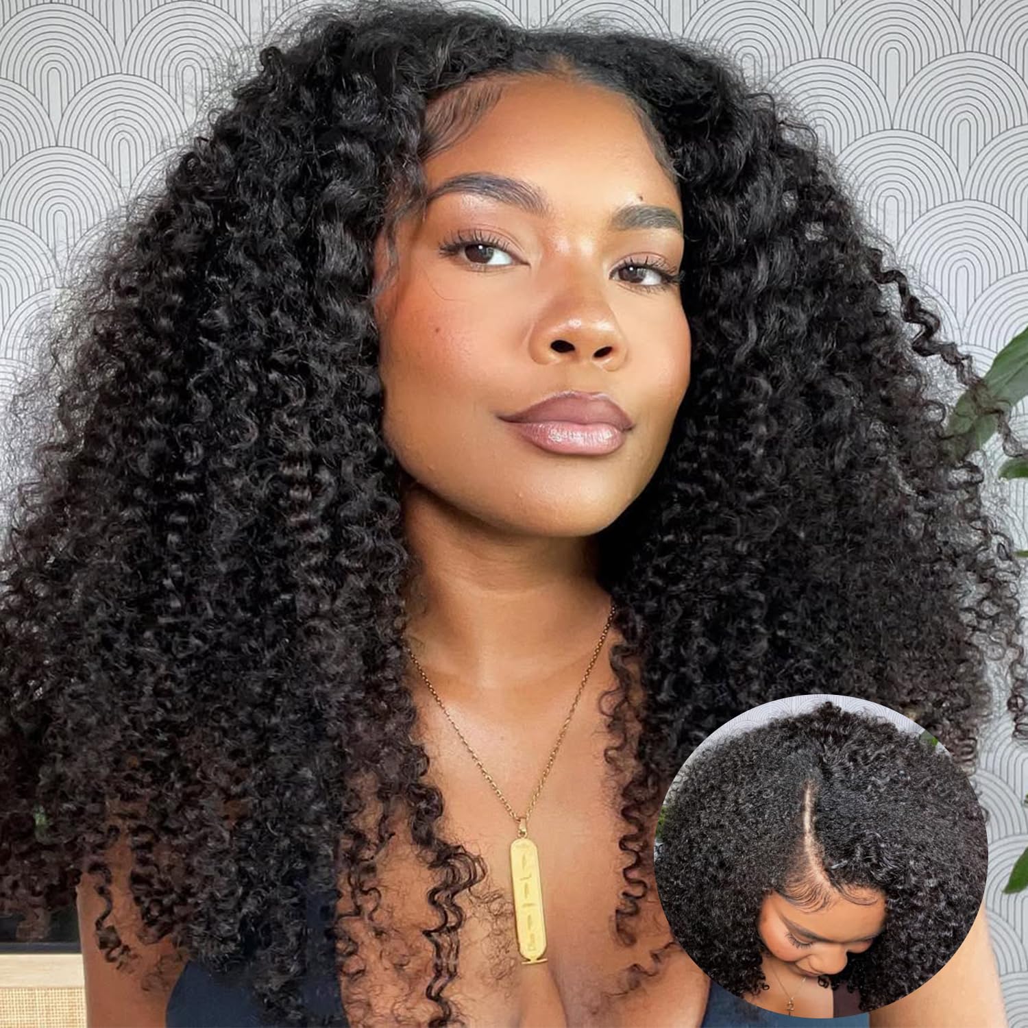 VShow Curly V Part Wig Human Hair Elastic Drawstring V Part Kinky Curly Wig No Leave Out 180% Density Glueless Human Hair V Part Wig For Beginners Friendly No Lace No Glue 22Inch