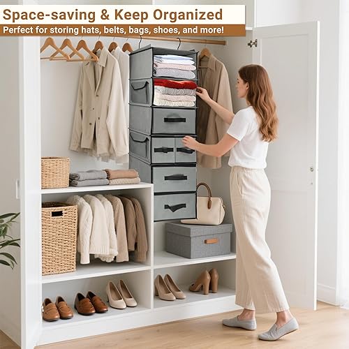 Miniatura 7 de Estantes colgantes de 6 niveles con 5 cajones y 3 bolsillos laterales, soporte organizador de armario colgante de tela duradera con gancho