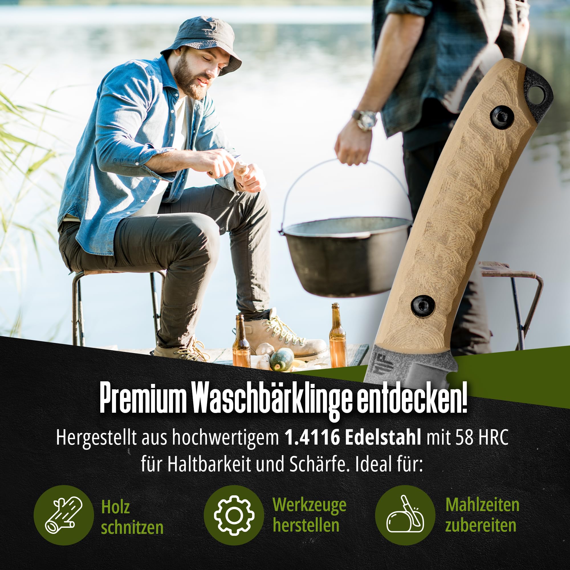 Messerfieber® Outdoormesser Waschbärklinge [Mit Stonewash-Finish & T10-Griff] – inkl. Lederscheide – Outdoor Messer für Bushcraft & Abenteuer – Survival Messer (Handgefertigt & Korrosionsbeständig)