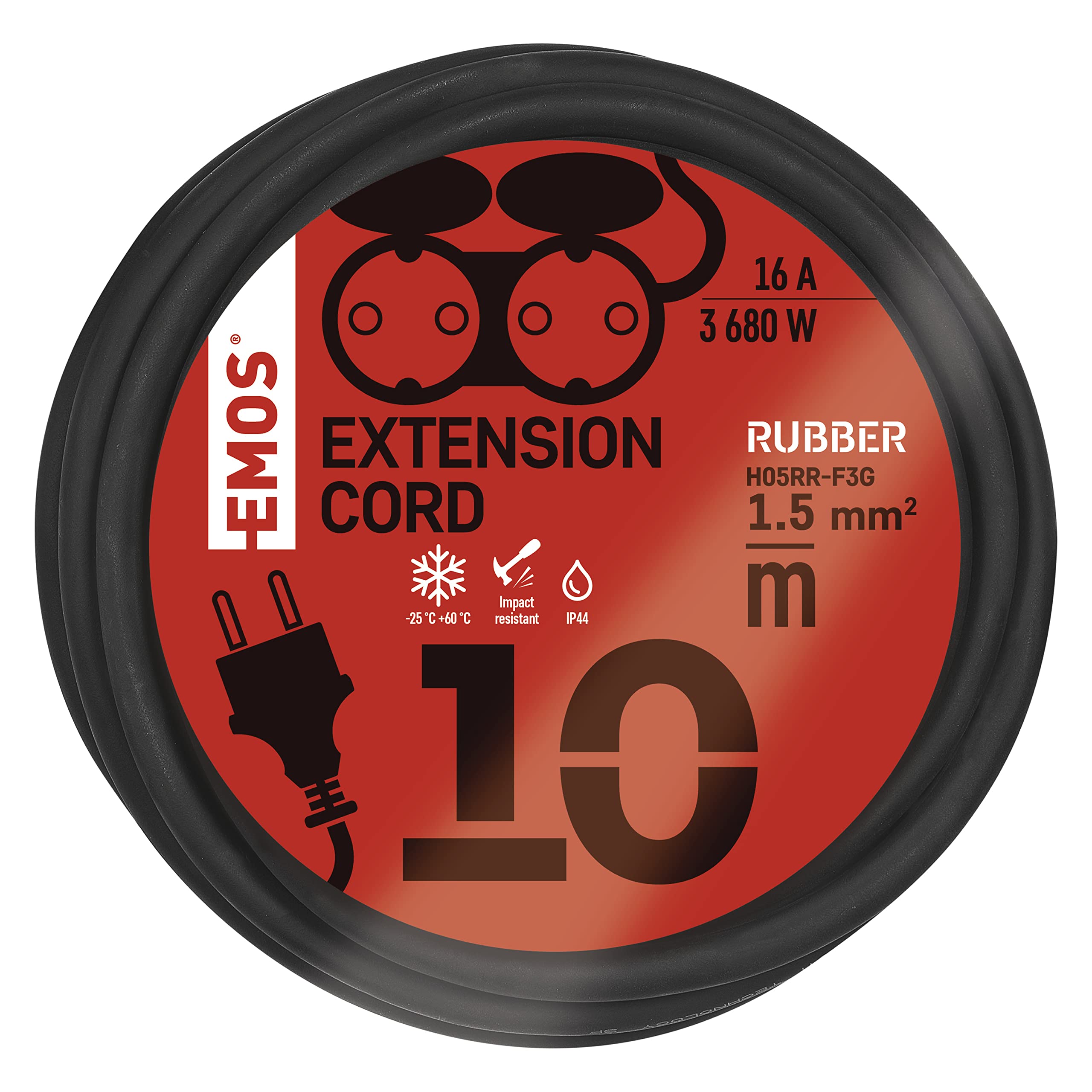 EMOS cable alargador IP44 10 m, 2 Schuko, resistente agua, calor, golpes, 230 V 16 A 3680 W, goma H05RR-F3G 1.5 mm², exteriores, negro