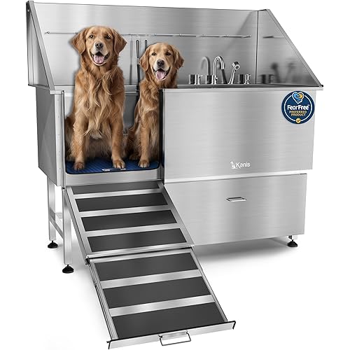 KANIS Professional Dog Washing Station - 304 Stainless Steel Pet Wash Sink & Grooming Bathtub w/Shower, Floor Grates and Storage for Large, Medium & Small Pets (61", 1 Drawer - Left Ramp)