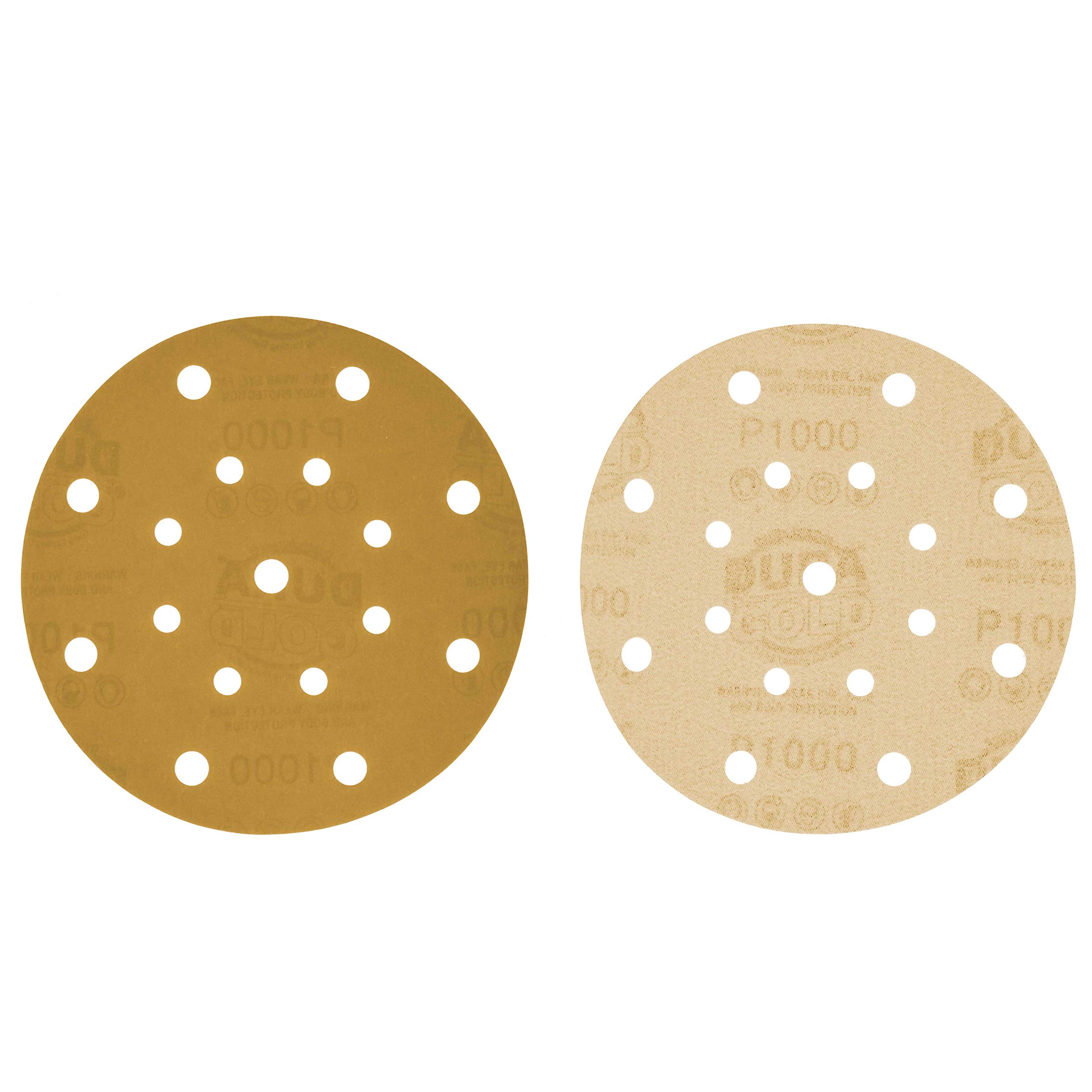 Dura-Gold – Premium – 1000 Grit – 6 discos de lija dorados – 17 agujeros patrón sin polvo gancho y bucle para lijadora DA, caja de 50 discos de papel de lija de acabado para carpintería o automoción