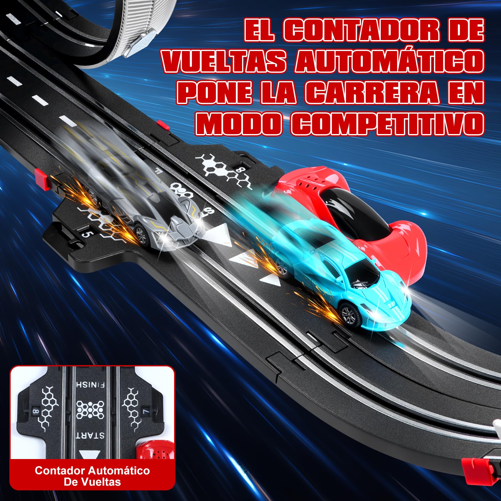 Pista Carreras Electrica, Iluminado Pista de Coches para Niños 1:64 Pista Autos -4 LED Coches, Bucle 360°, Euroconector, Contador Vueltas, Circuito Coche Niños 3+ Años Juguete Regalos (L)