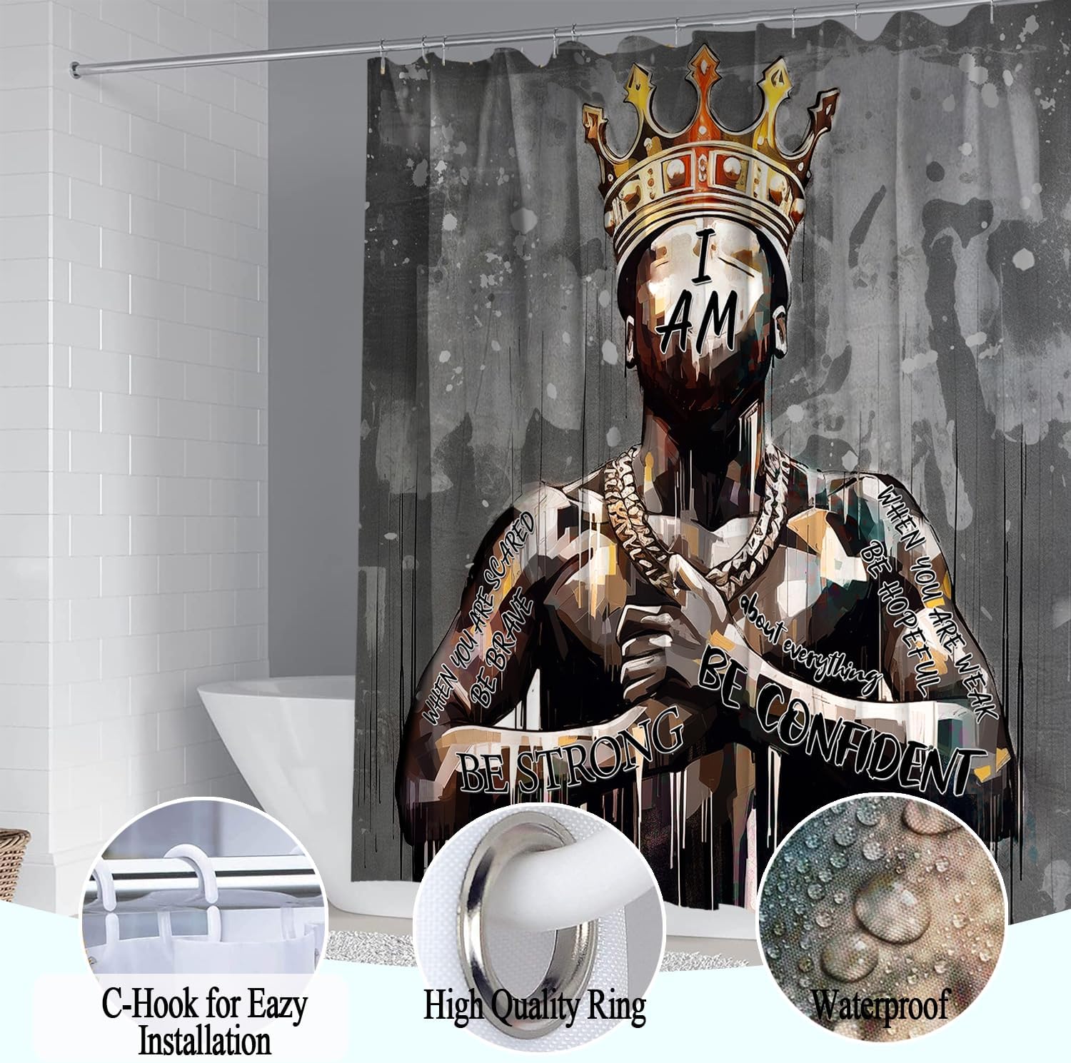 Black King Shower Curtain Set with Hooks, Powerful African American Praying Man Shower Curtains with Rugs Toilet Lid Cover Bath Mat, Cool Black Man Waterproof Bathroom Decor Shower Curtain Sets