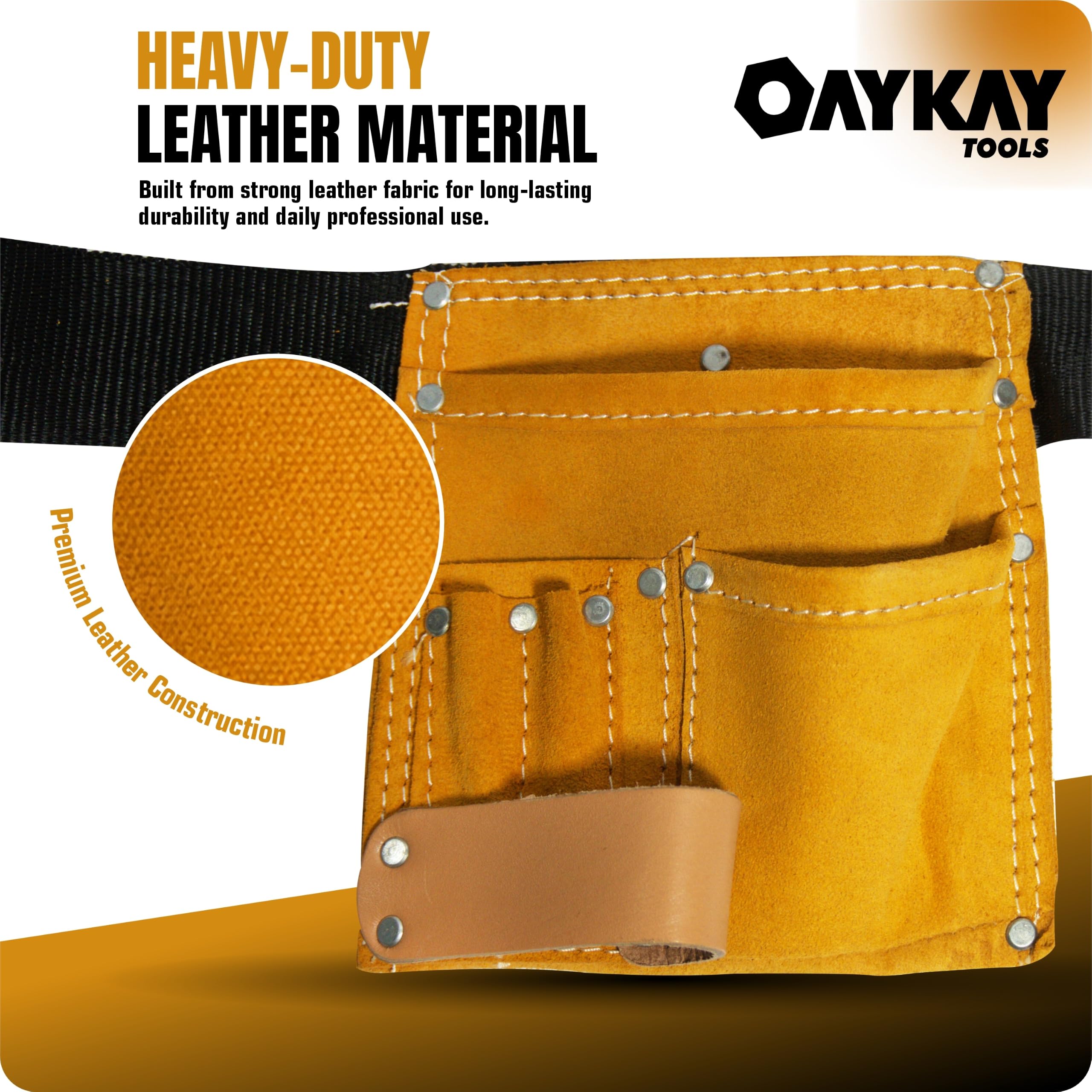 Oaykay Tools 5 Pocket Yellow Leather Tool Belt with Hammer Holder and Quick Release Buckle (Size 8.5 * 8 Inch)