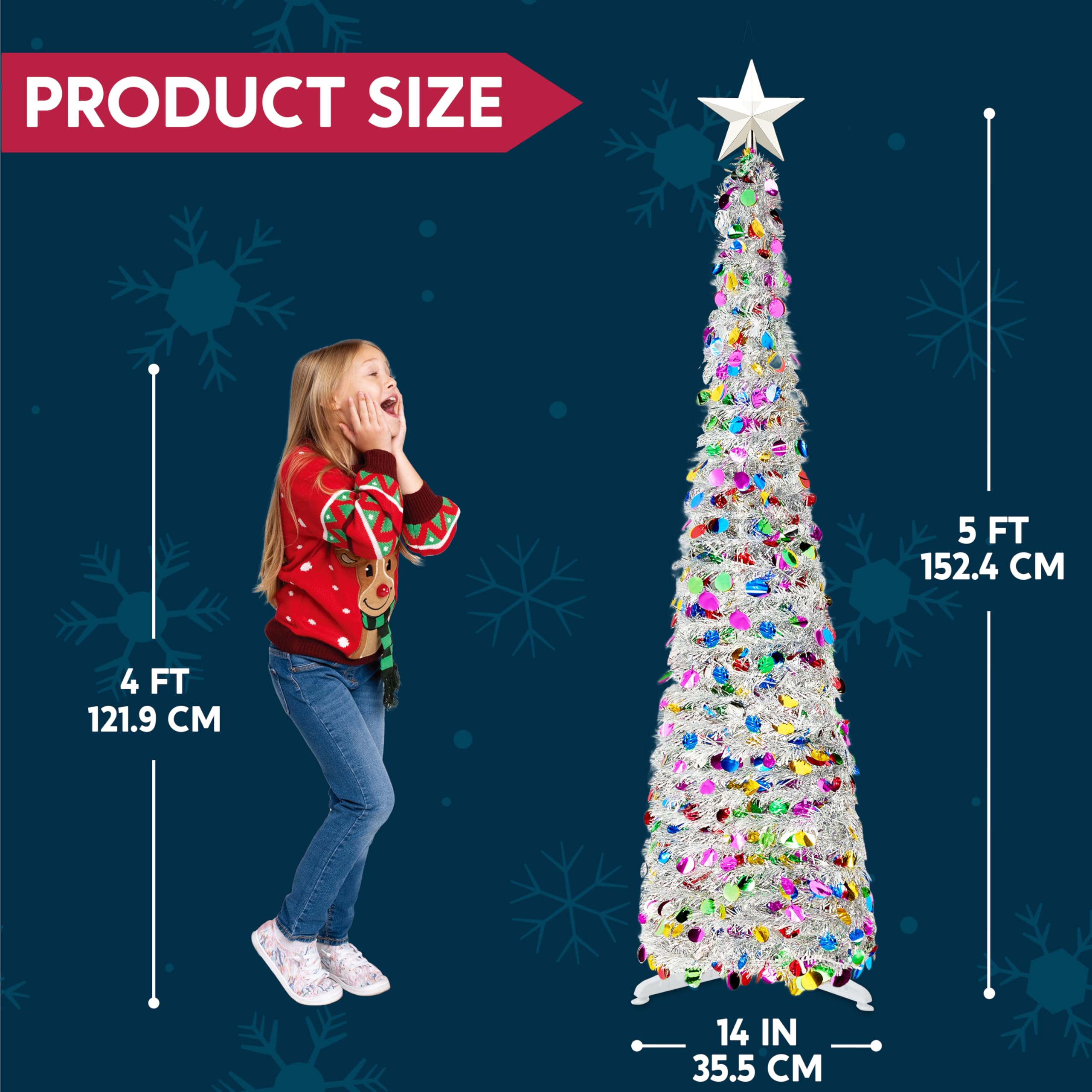 JOIEDOMI Albero di Natale a matita pop-up da 1,5 m con lustrini, luci e stella, decorazioni natalizie pieghevoli con timer per decorazioni natalizie da interno per casa e ufficio