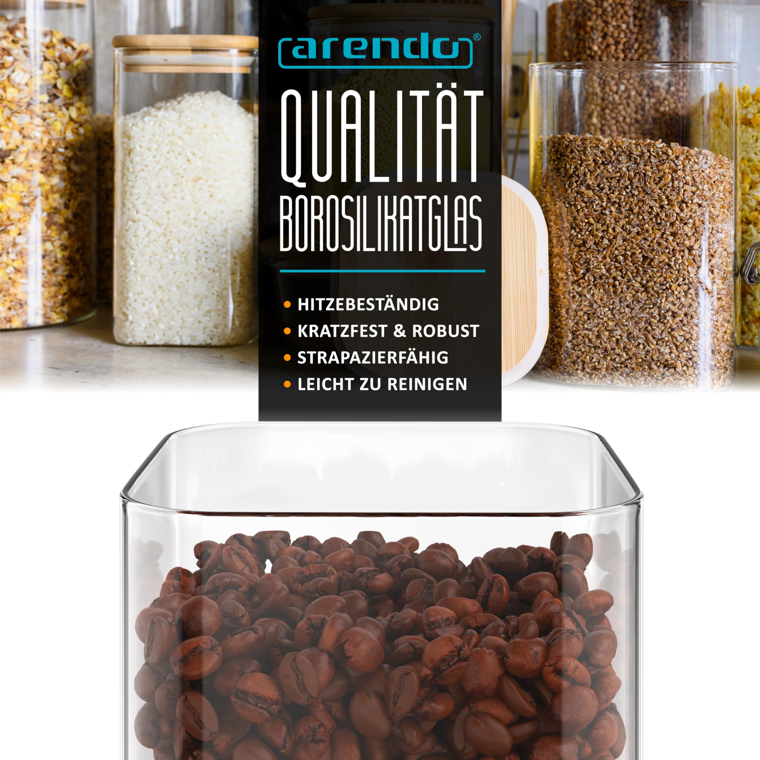 Arendo - Vorratsbehälter mit Deckel 1200ml - 10er Set - Behälter aus Glas – hitzebeständig – Vorratsdosen/Vorratsgläser mit Bambusdeckel - luftdicht - für Müsli Zucker Mehl Kaffee Reis