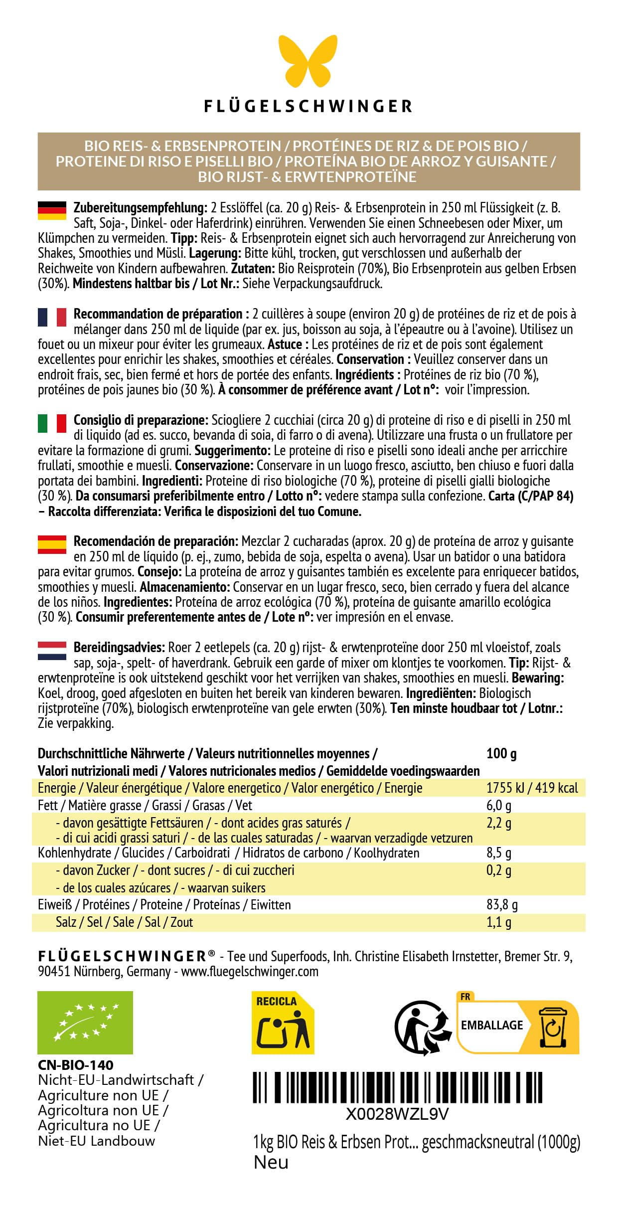 1kg BIO Reis & Erbsen Protein 7:3, 83,8% Protein, ohne Zusätze, 70% Bio Reisprotein & 30% Bio Erbsenprotein, von Natur aus vegan, ohne Soja, geschmacksneutral (1000g)