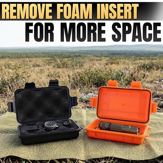 Small Waterproof Box, 2 Pcs, 4.92x2.95x1.53, Foam Insert (Black/Orange) | Waterproof Storage Case Set; Durable Plastic Shell, Foam Padding, Tether Loops; for Hiking, Travel, Camping, and Fishing