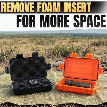 Small Waterproof Box, 2 Pcs, 4.92x2.95x1.53, Foam Insert (Black/Orange) | Waterproof Storage Case Set; Durable Plastic Shell, Foam Padding, Tether Loops; for Hiking, Travel, Camping, and Fishing