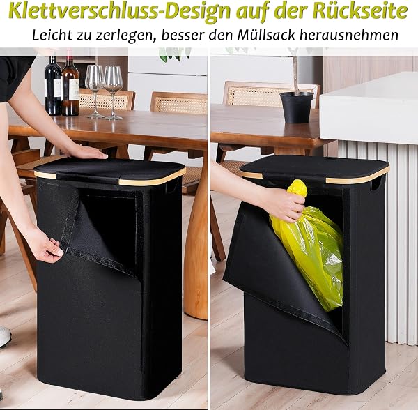efluky Gelber Sack Ständer 100L, Mülleimer mit Deckel, Müllsackständer für Gelbe Säcke, Leichte Entnahme durch Tür auf der Rückseite, Behälter für Küche & Haushal [Ohne Innentasche]- Schwarz - 4
