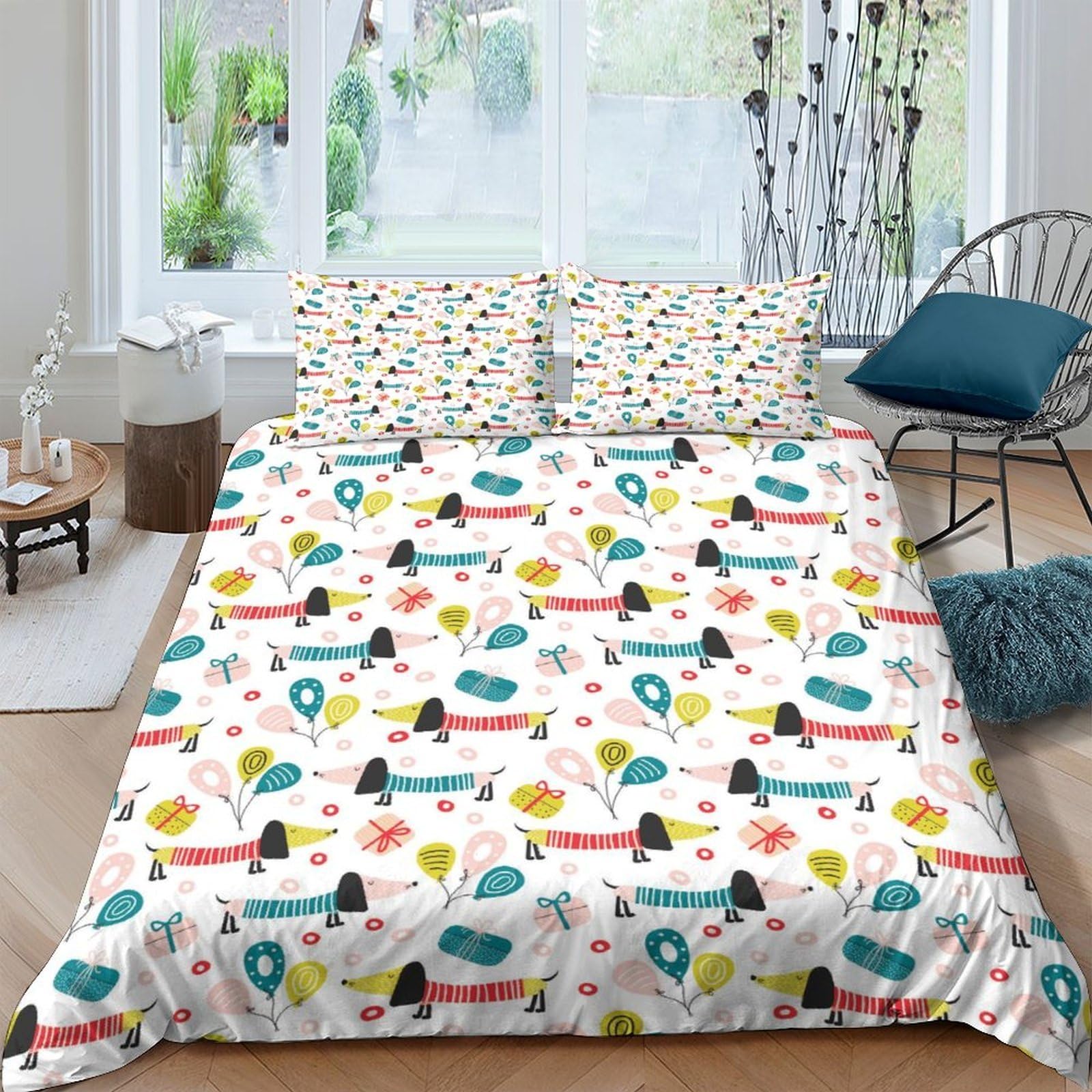 GPLZQXKJNH 3D Printed Dachshund Dog Duvet Cover Set Microfiber Soft Breathable Colorful Leaves Quilt Cover with 2 Pillowcases for Bedroom Decor Single（135x200cm）