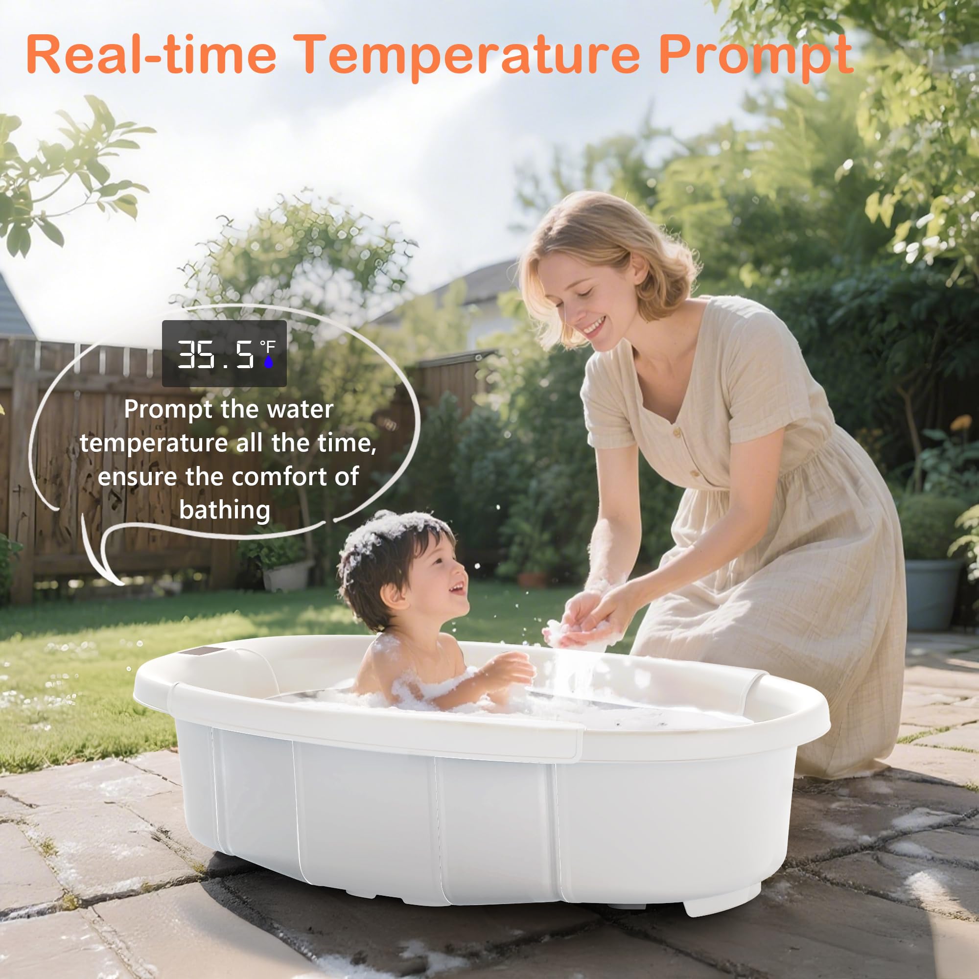 Vasca da bagno pieghevole per bambini, con termometro e cuscino, vasca da bagno portatile da viaggio per neonati, vasca da bagno pieghevole per bambini