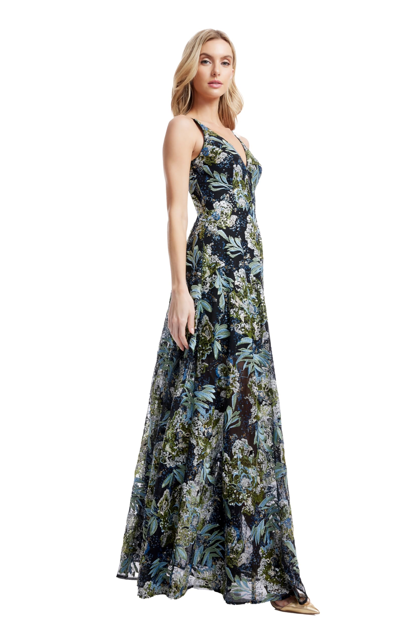 Dress The Population Women's Ariyah Fit and Flare Maxi Dress: X-Large Black Multi