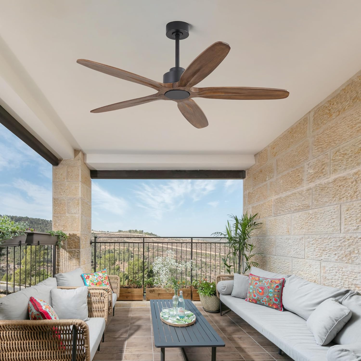 WINGBO 54 Inch Ceiling Fan without Light - 5 Carved Solid Wood Blades, 6-Speed Reversible DC Motor, Noiseless Remote Control Ceiling Fan No Light for Bedroom Living Room Kitchen, Black and Wood - Image 9