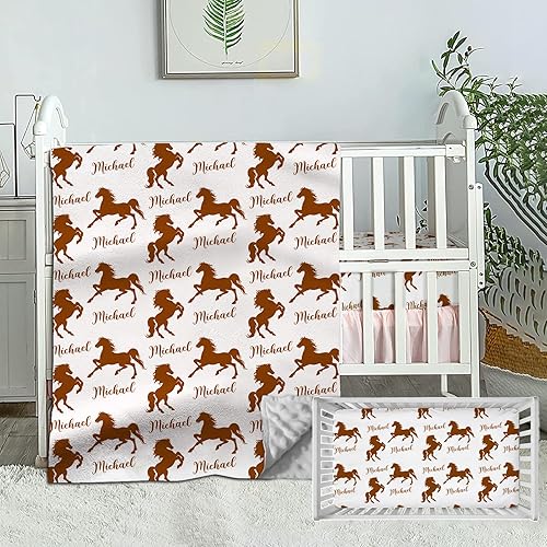 Juego de ropa de cama personalizado para cuna para bebés, niños, juego de ropa de cama personalizado para cuna con nombre, ropa de cama de caballo