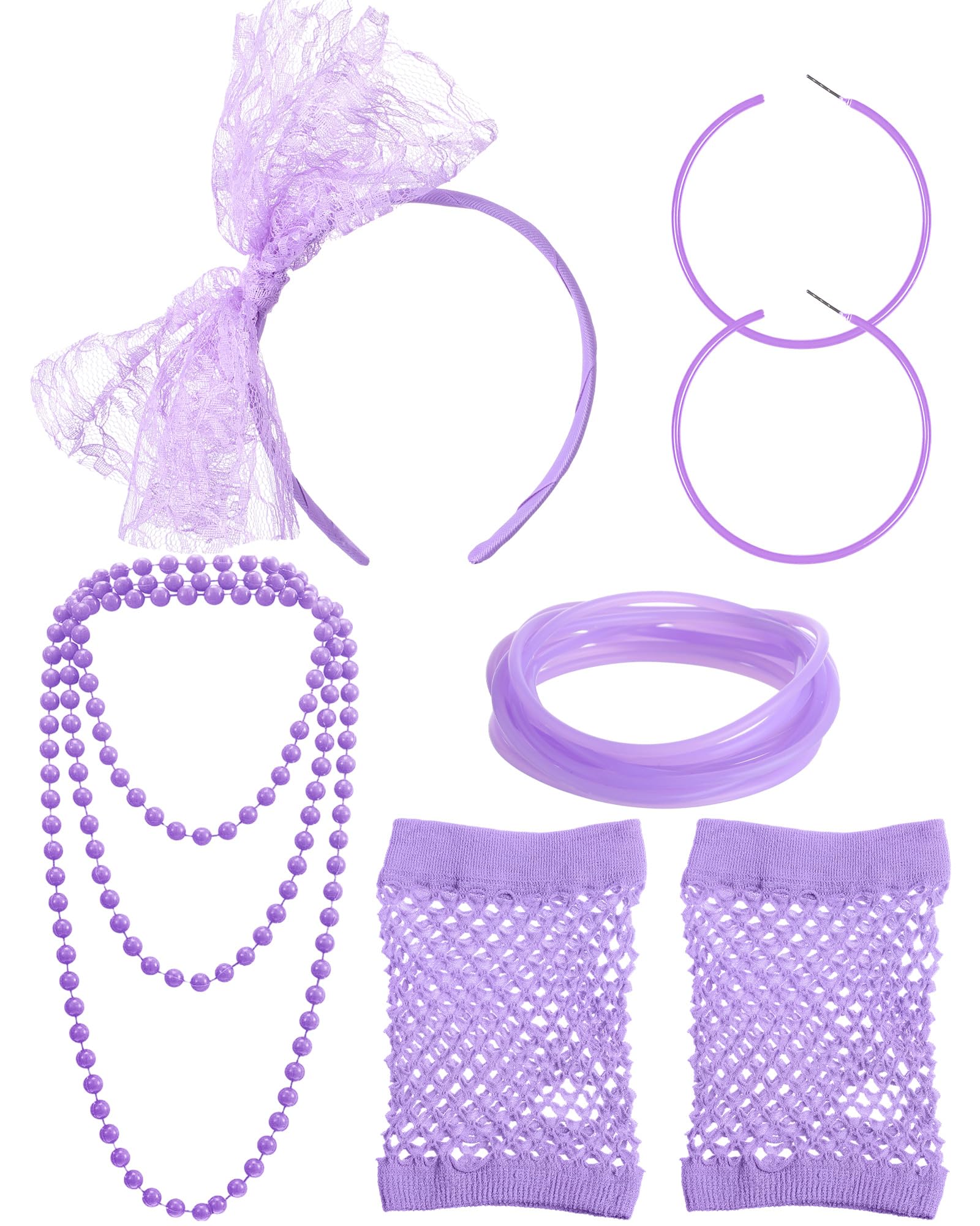 Blulu 80s Fancy Dress Costume Accessories Lace Headband Earrings Fishnet Gloves Necklace Bracelet for Women 80's Party, Light Purple, M
