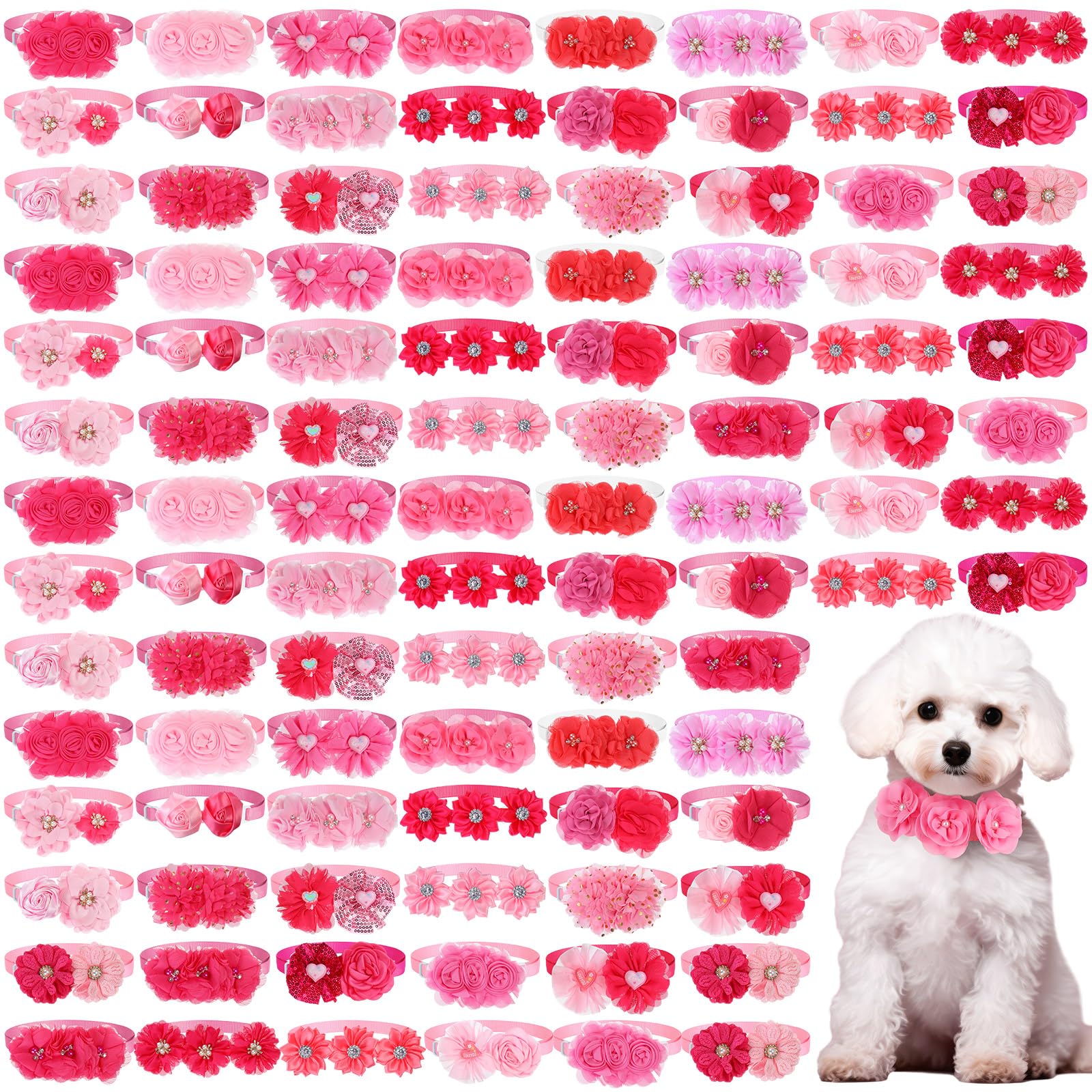 Abbylike 100 Stück Valentinstags-Hundehalsband, Blumen, Schleifen, Hundepflege-Halsband, verstellbar, Haustier-Fliege, Katzen-Hundehalsband, Befestigung mit Blume für Valentinstag, Hochzeit,