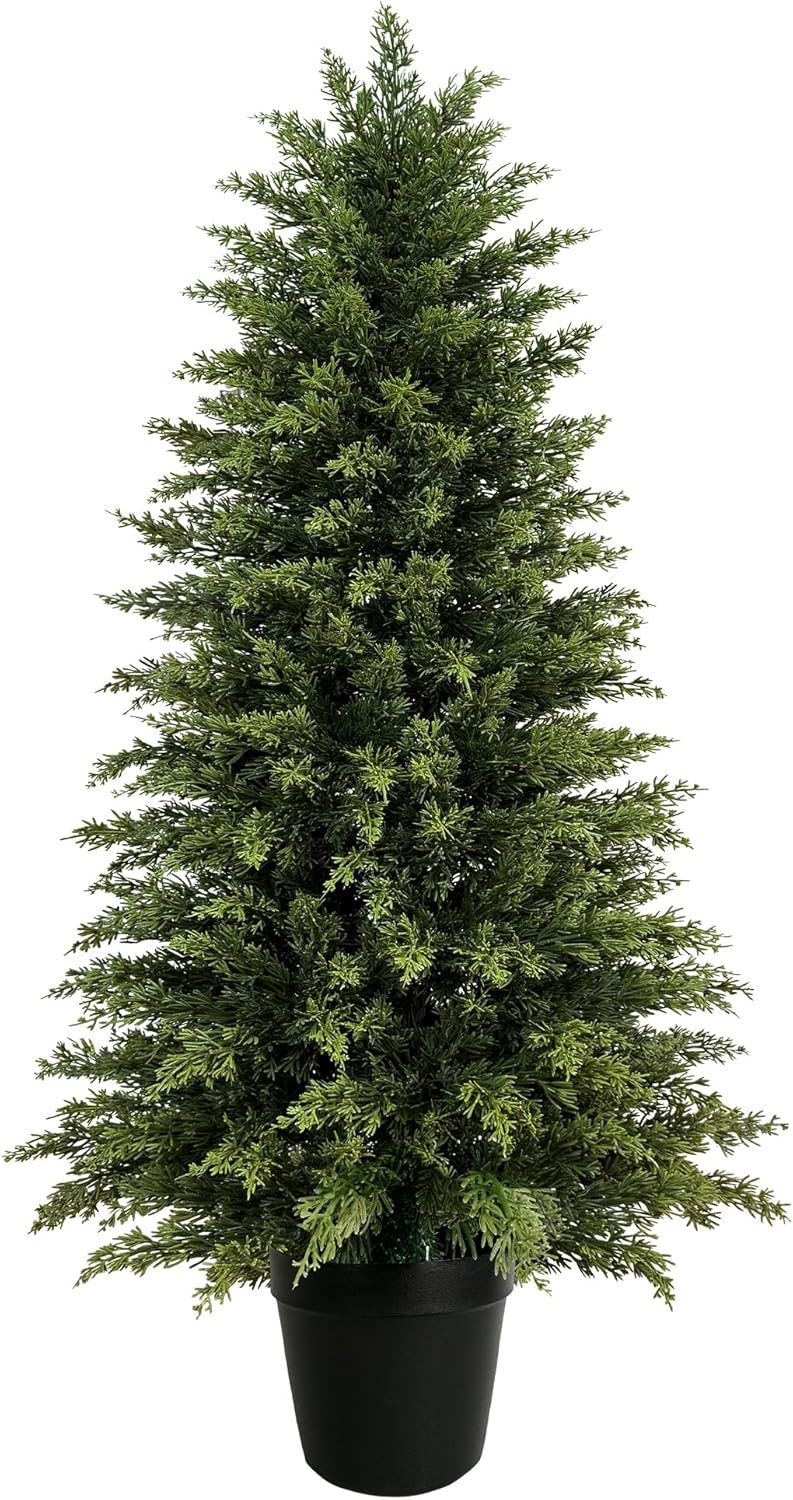 Mavis's Diary 4ft Artificial Cedar Topiary Tree, Set of 1 Realistic Faux Evergreen Shrub Plant in Planter, Indoor Outdoor Fake Cedar Tree for Front Porch, Entryway, Office & Home Decor
